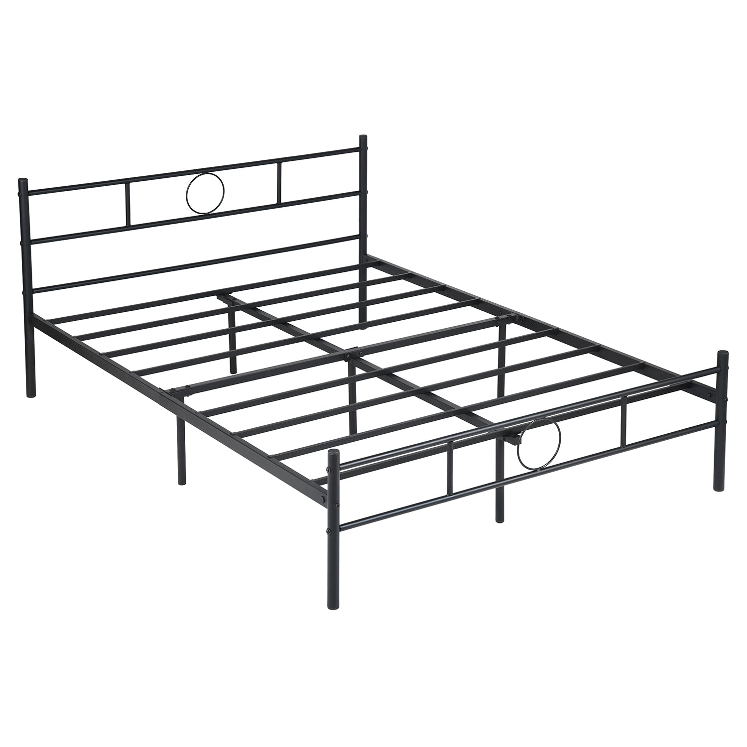 CIRCLE Full Metal Bed Frame with Headboard and Footboard, Circle Detail, Steel Slats, No Box Spring, Black