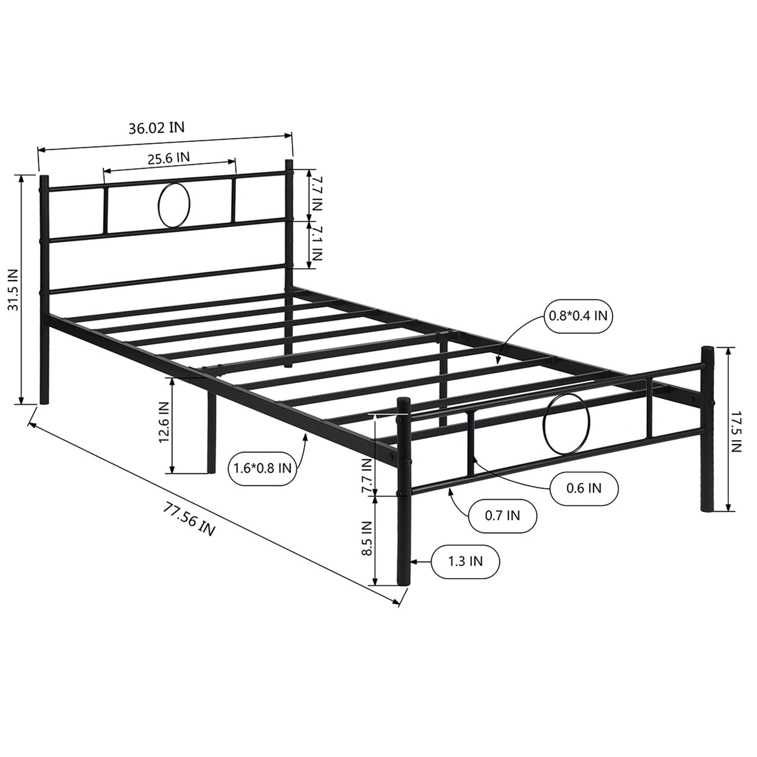 CIRCLE Metal Bed Frame with Headboard and Footboard, Circle Detail, Steel Slats Twin and Double