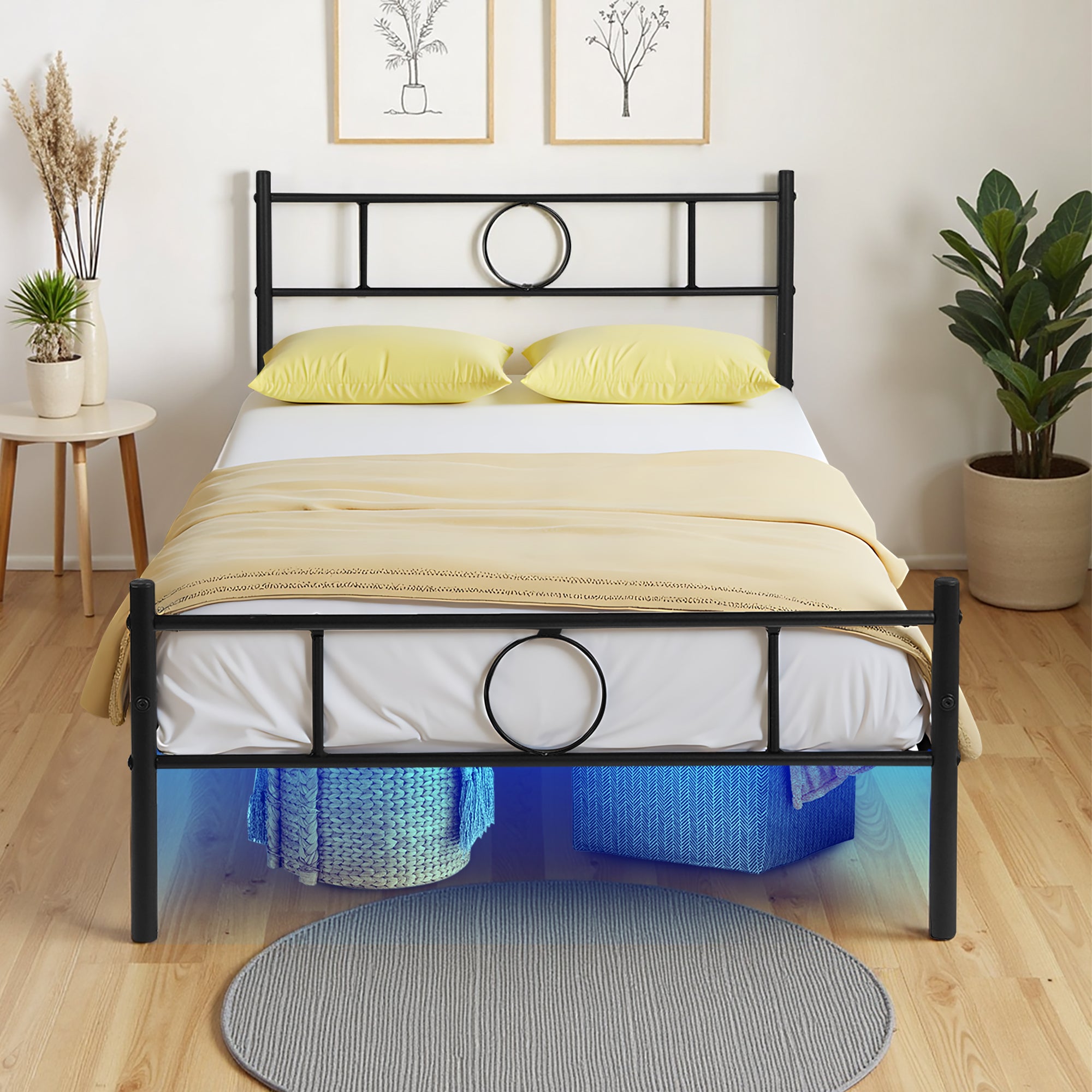 CIRCLE Metal Bed Frame with Headboard and Footboard, Circle Detail, Steel Slats Twin and Double