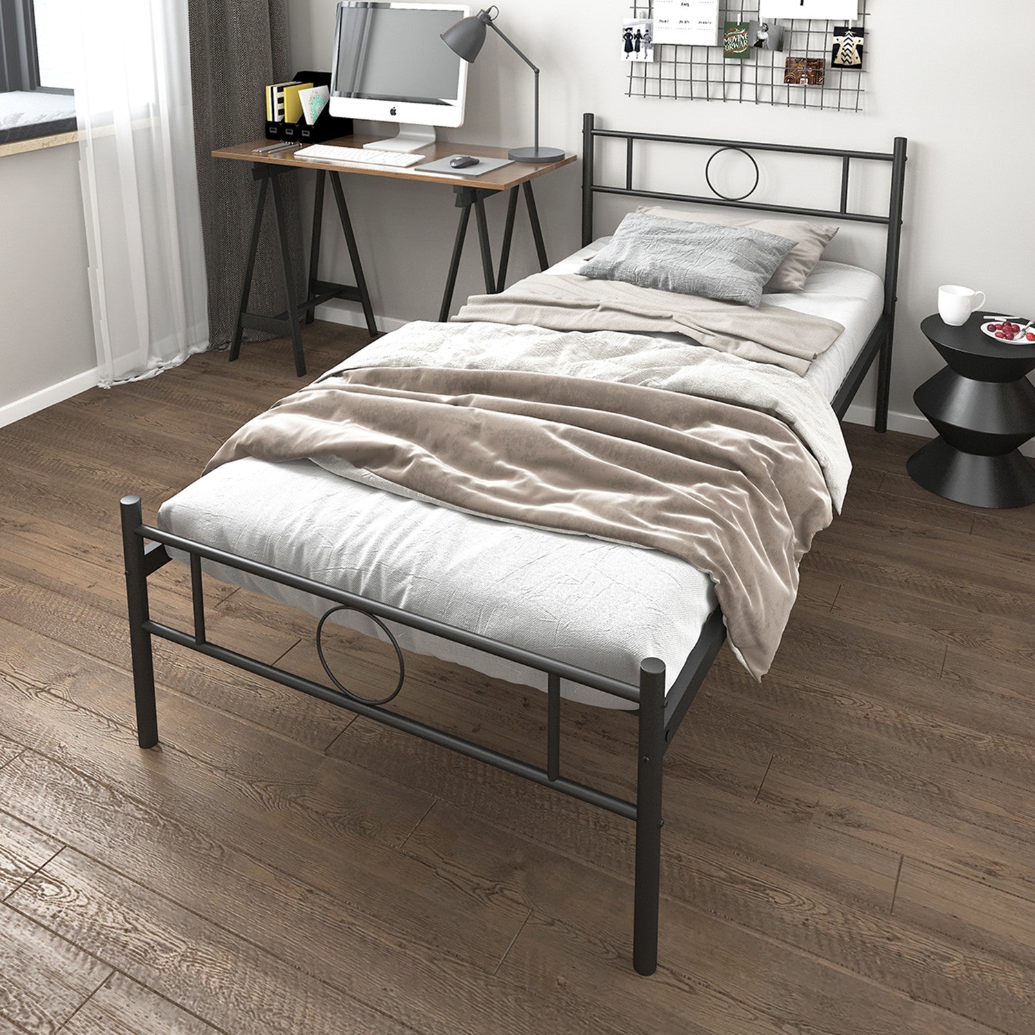 CIRCLE Metal Bed Frame with Headboard and Footboard, Circle Detail, Steel Slats Twin and Double