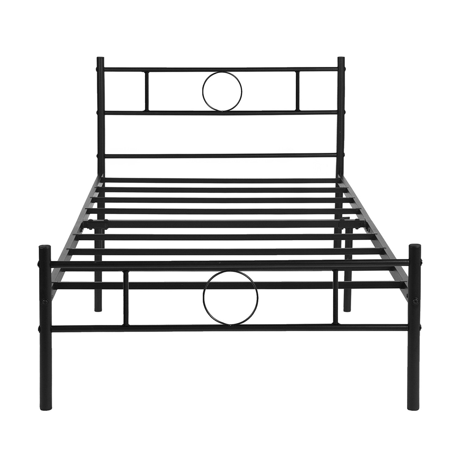 CIRCLE Full Metal Bed Frame with Headboard and Footboard, Circle Detail, Steel Slats, No Box Spring, Black