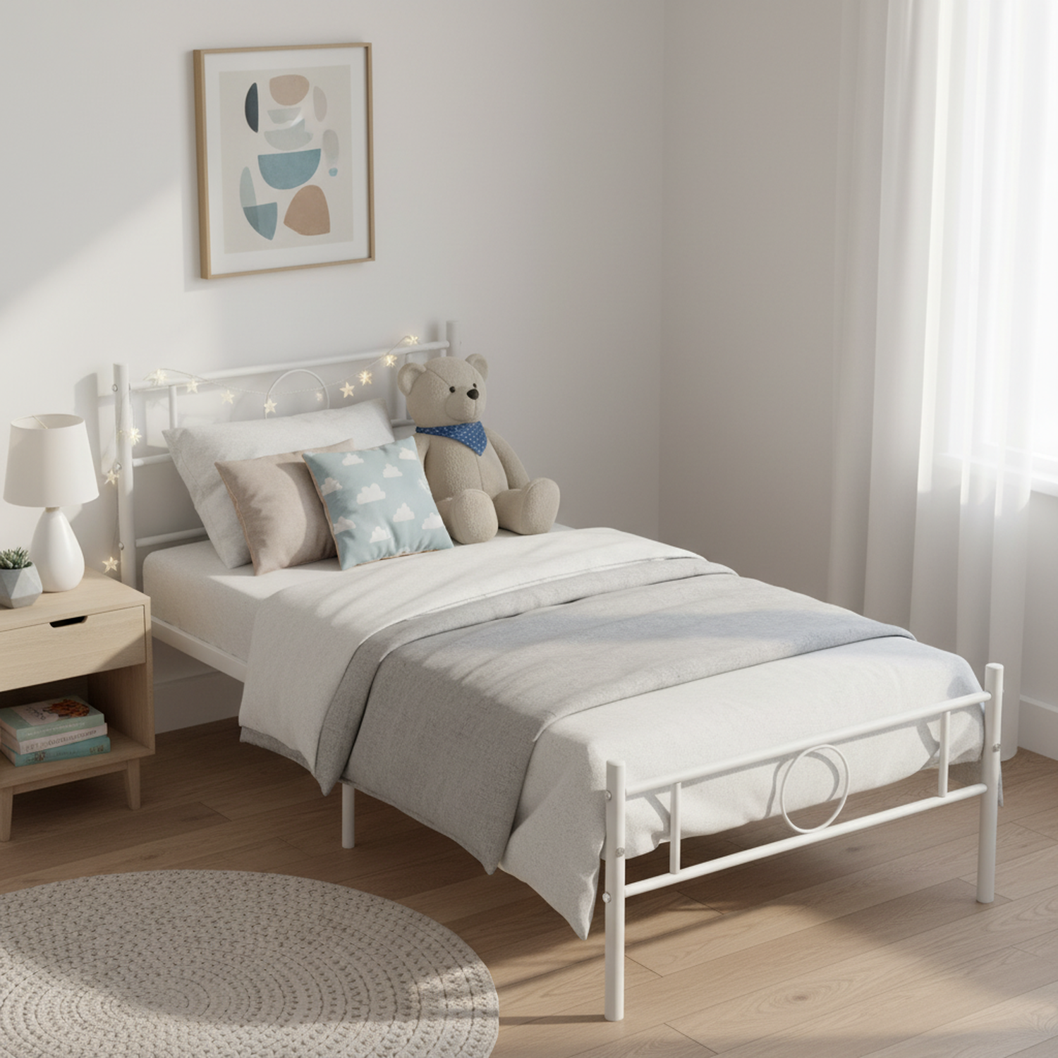 CIRCLE Metal Bed Frame with Headboard and Footboard, Circle Detail, Steel Slats Twin and Double