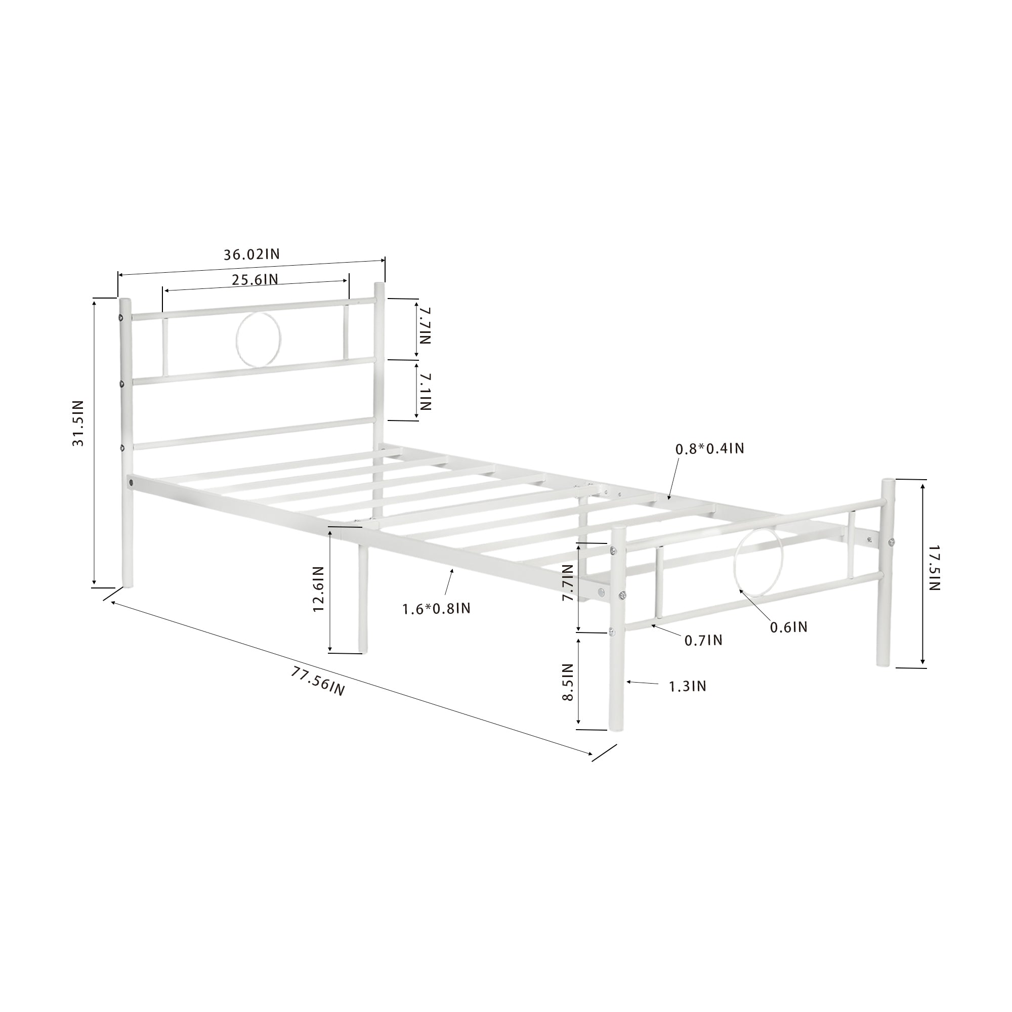 CIRCLE Metal Bed Frame with Headboard and Footboard, Circle Detail, Steel Slats Twin and Double