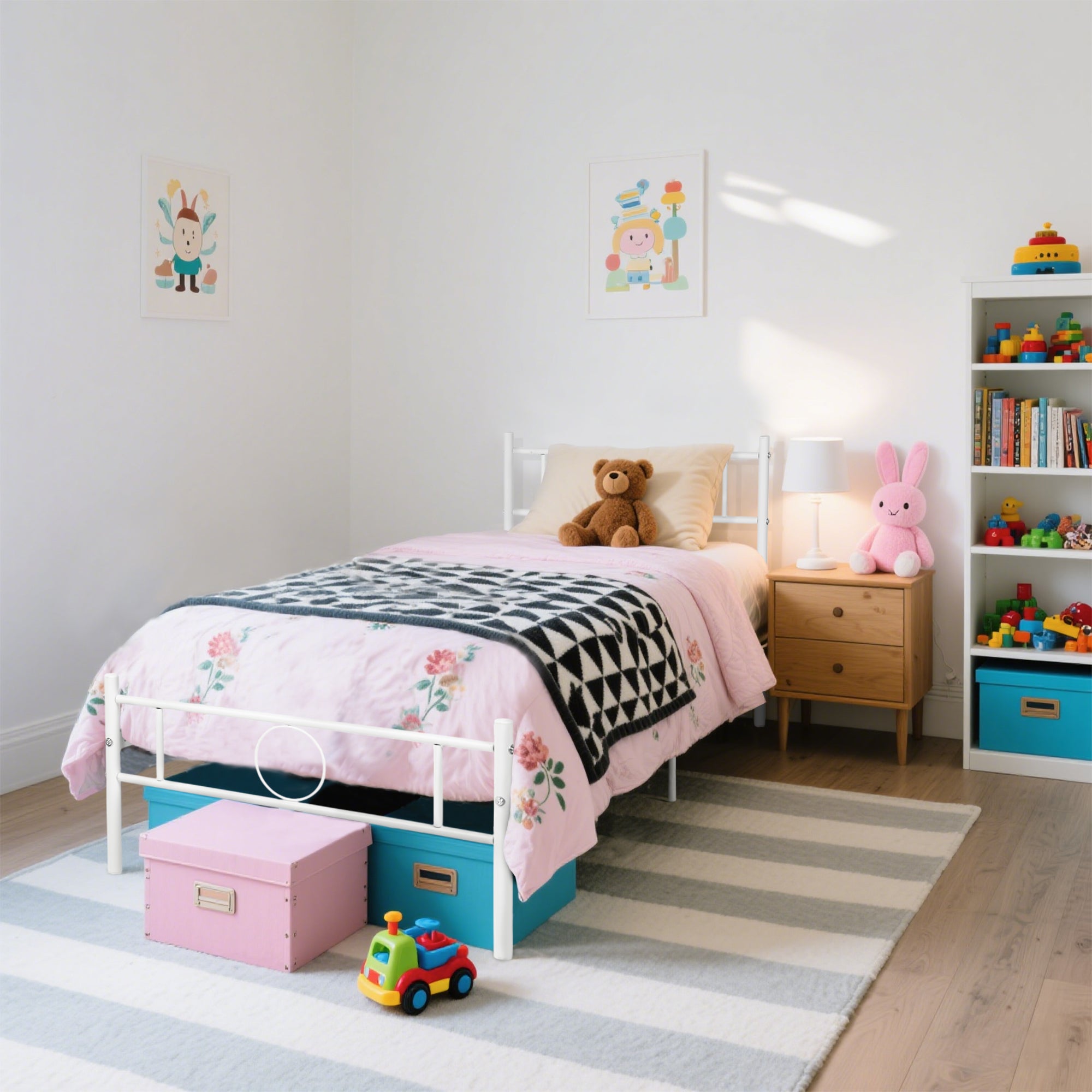 CIRCLE Metal Bed Frame with Headboard and Footboard, Circle Detail, Steel Slats Twin and Double