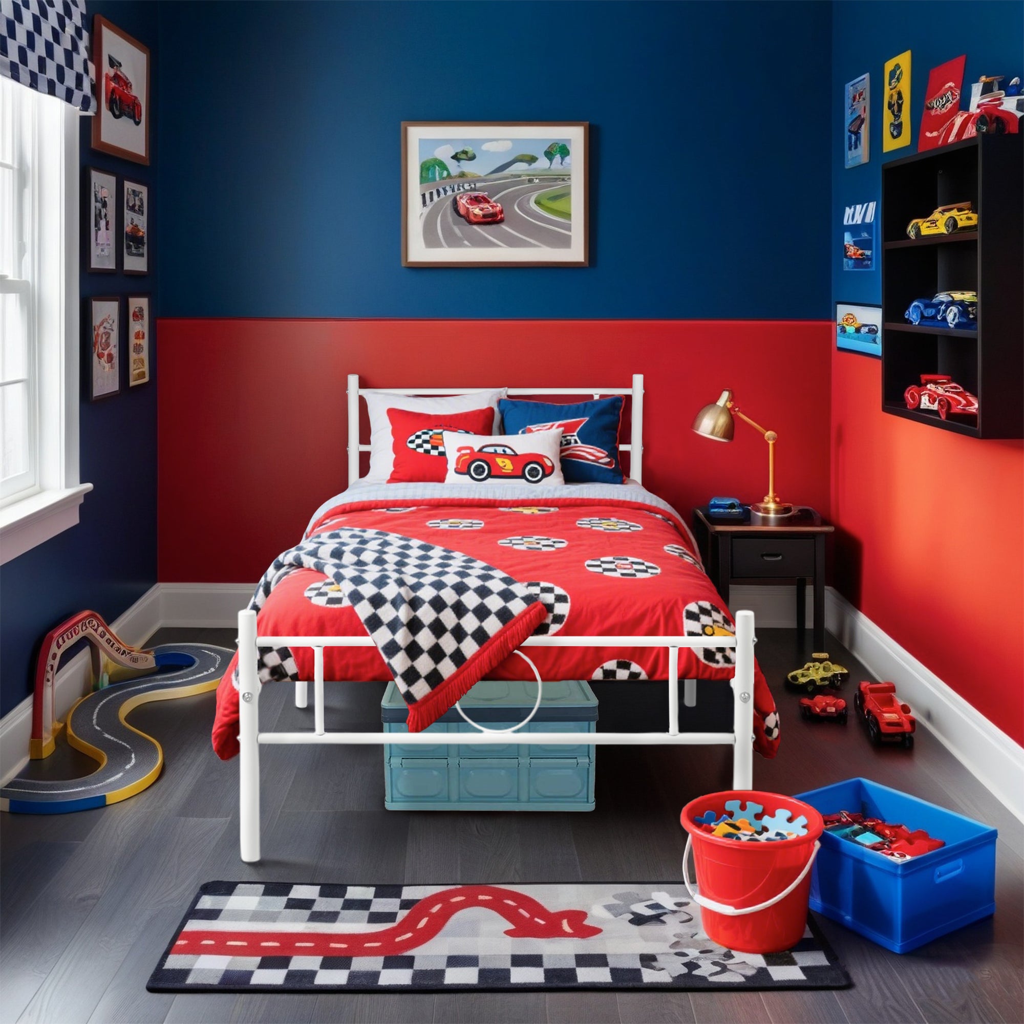 CIRCLE Metal Bed Frame with Headboard and Footboard, Circle Detail, Steel Slats Twin and Double