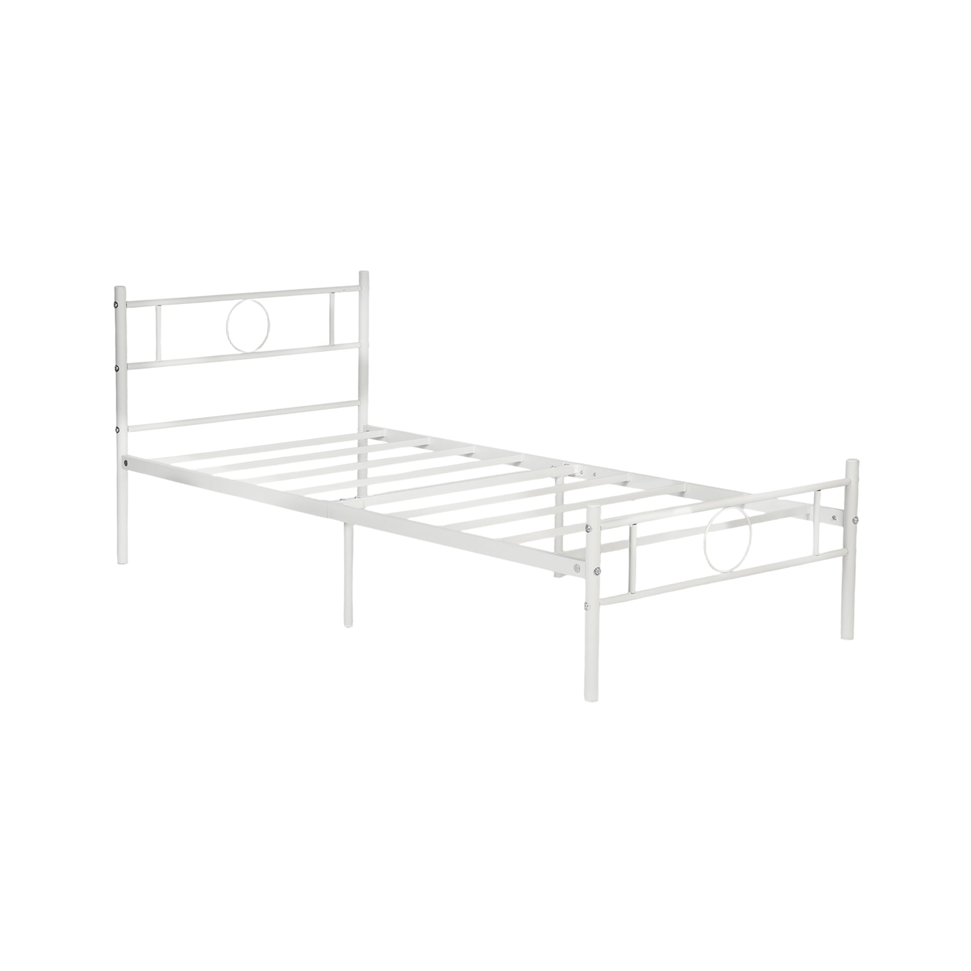 CIRCLE Metal Bed Frame with Headboard and Footboard, Circle Detail, Steel Slats Twin and Double