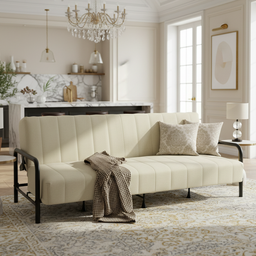 CLICKO 78.7" Modern Cream Fabric 3-Seat Sofa with Adjustable Backrest