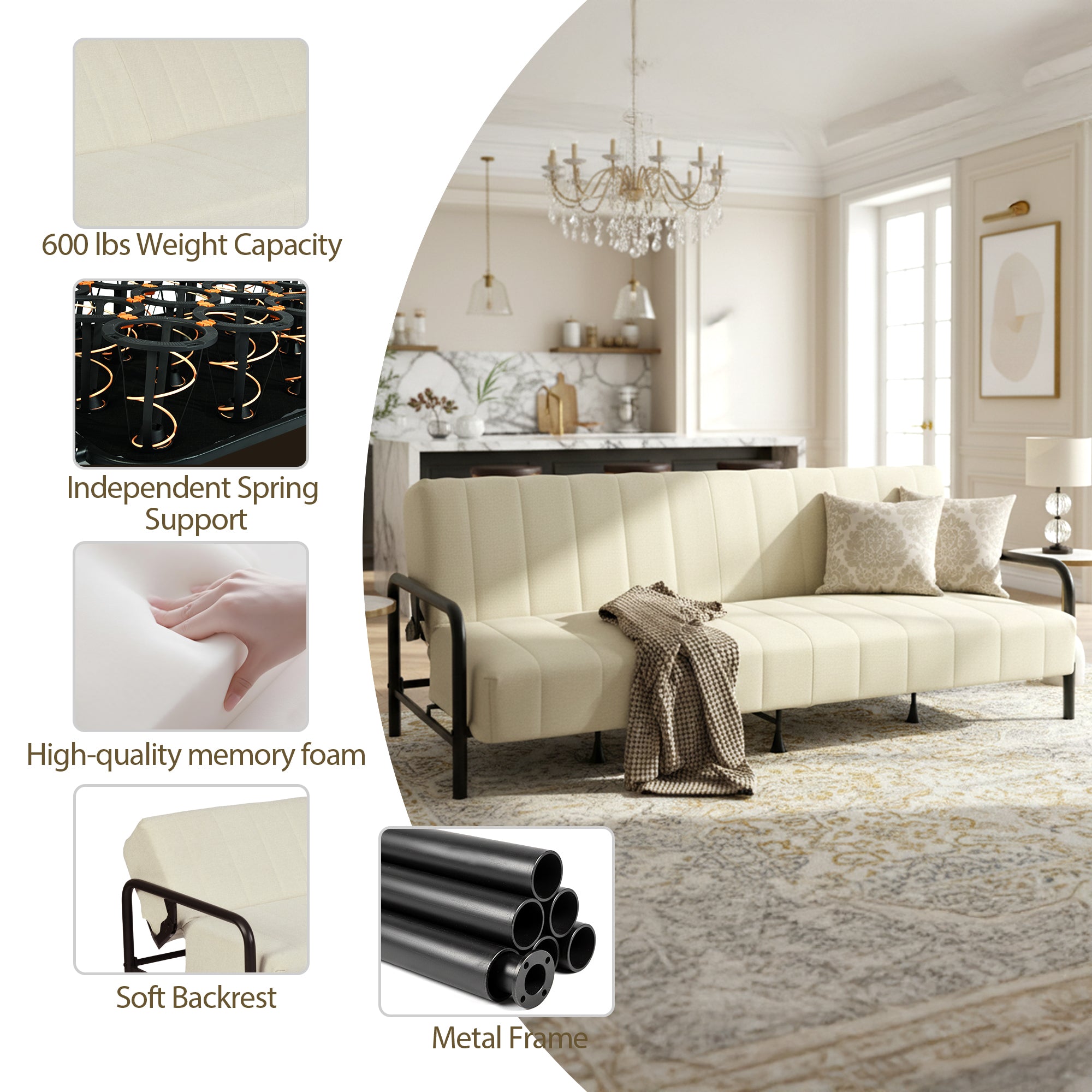 Homy Casa Clicko+Mamie Living Room Furniture Set Beige Sofa Bed with Beech Wood Laptop Table