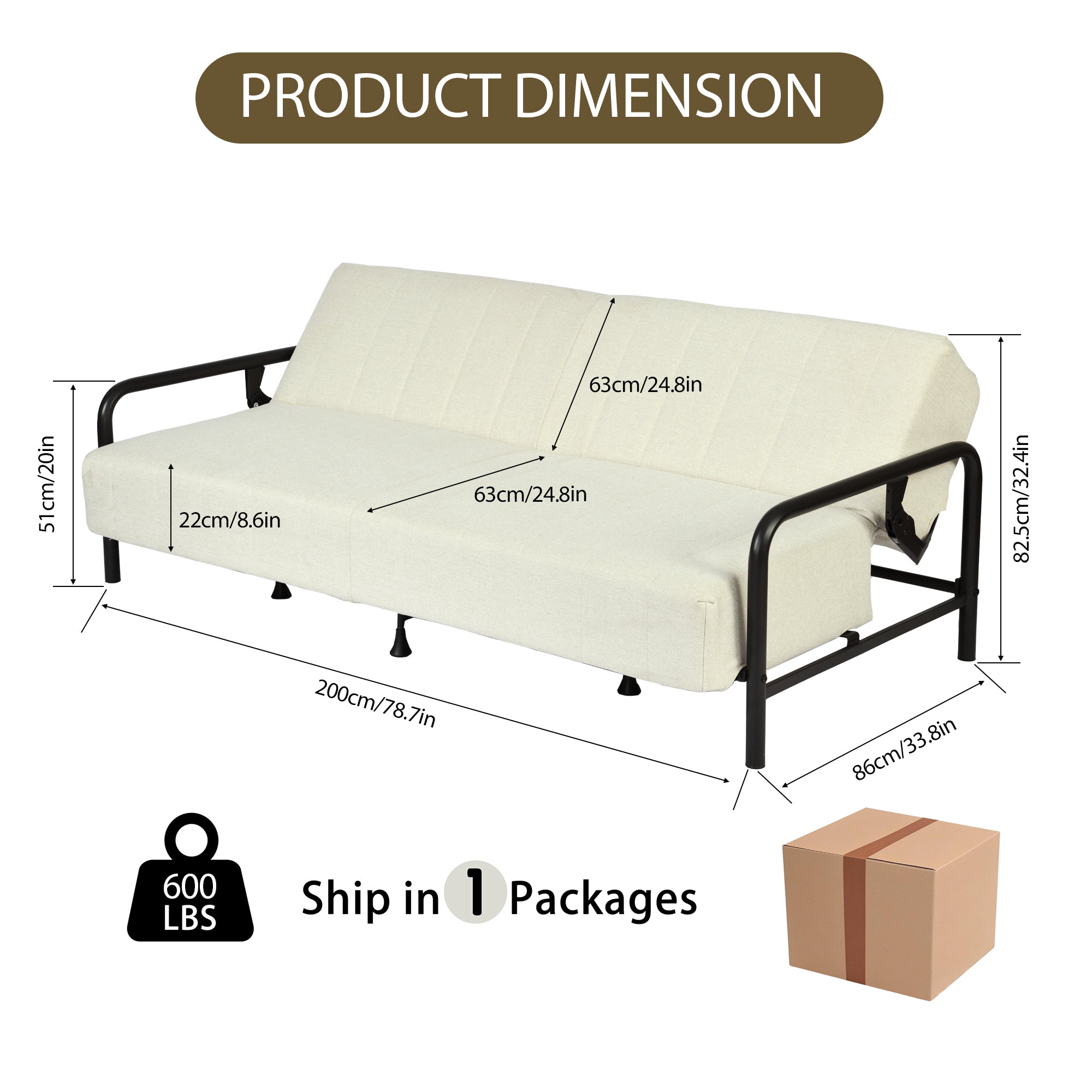 Homy Casa CLICKO 78" 3 Seater Sofa Bed Convertible Sleeper, Beige