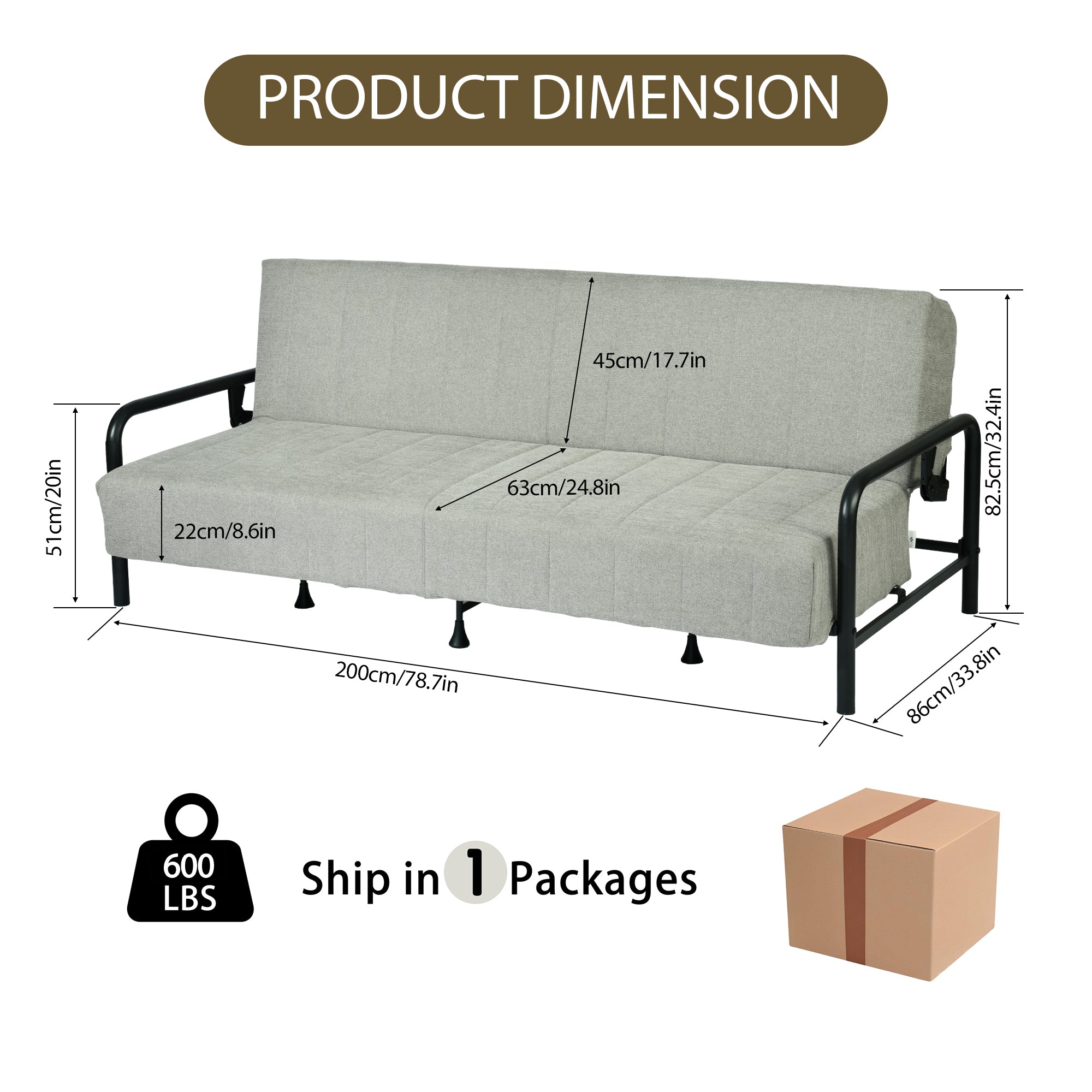 Homy Casa CLICKO 78" 3 Seater Sofa Bed Convertible Sleeper, Grey, Open Box