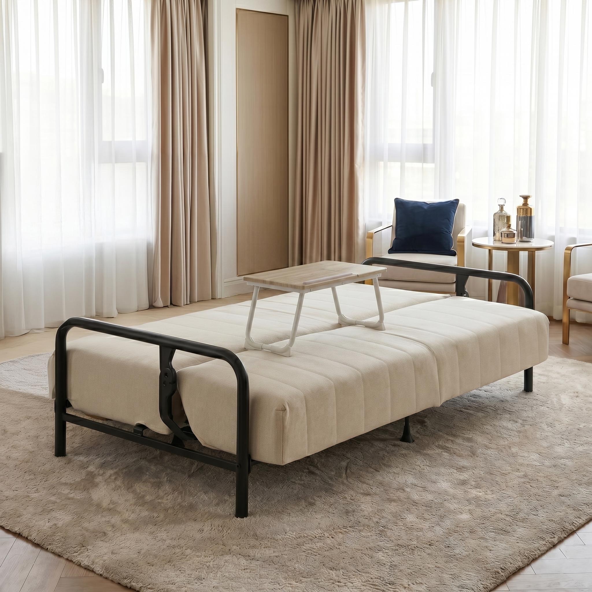 Homy Casa Clicko+Mamie Living Room Furniture Set Beige Sofa Bed with Beech Wood Laptop Table