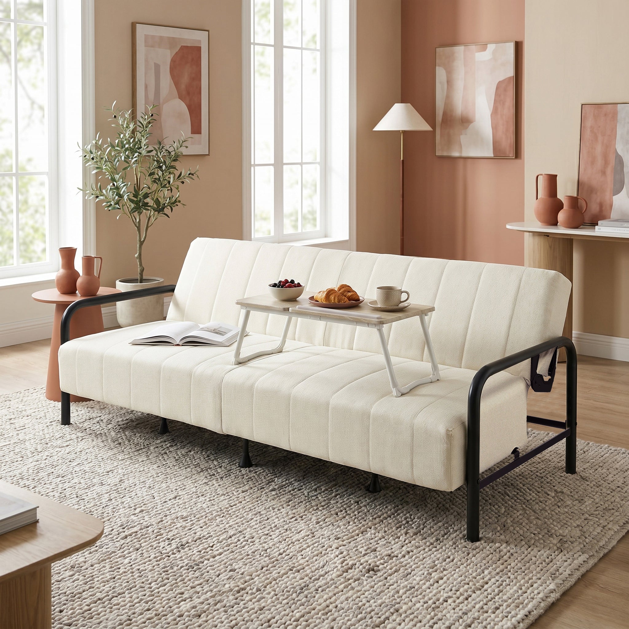 Homy Casa Clicko+Mamie Living Room Furniture Set Beige Sofa Bed with Beech Wood Laptop Table