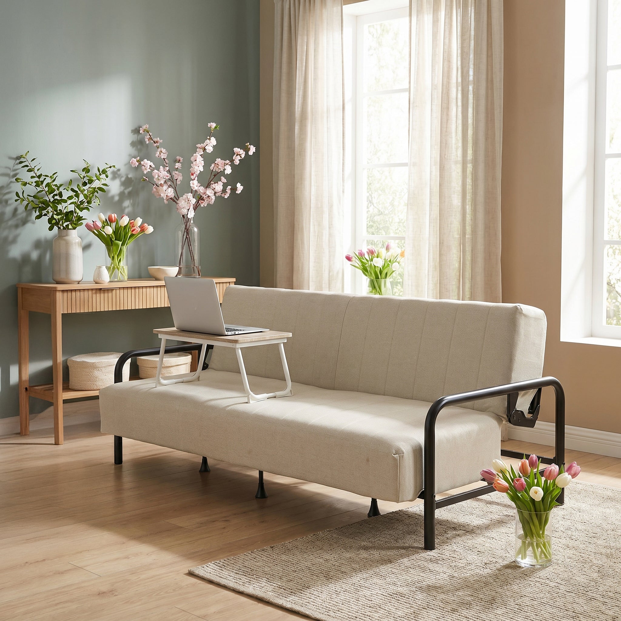 Homy Casa Clicko+Mamie Living Room Furniture Set Beige Sofa Bed with Beech Wood Laptop Table