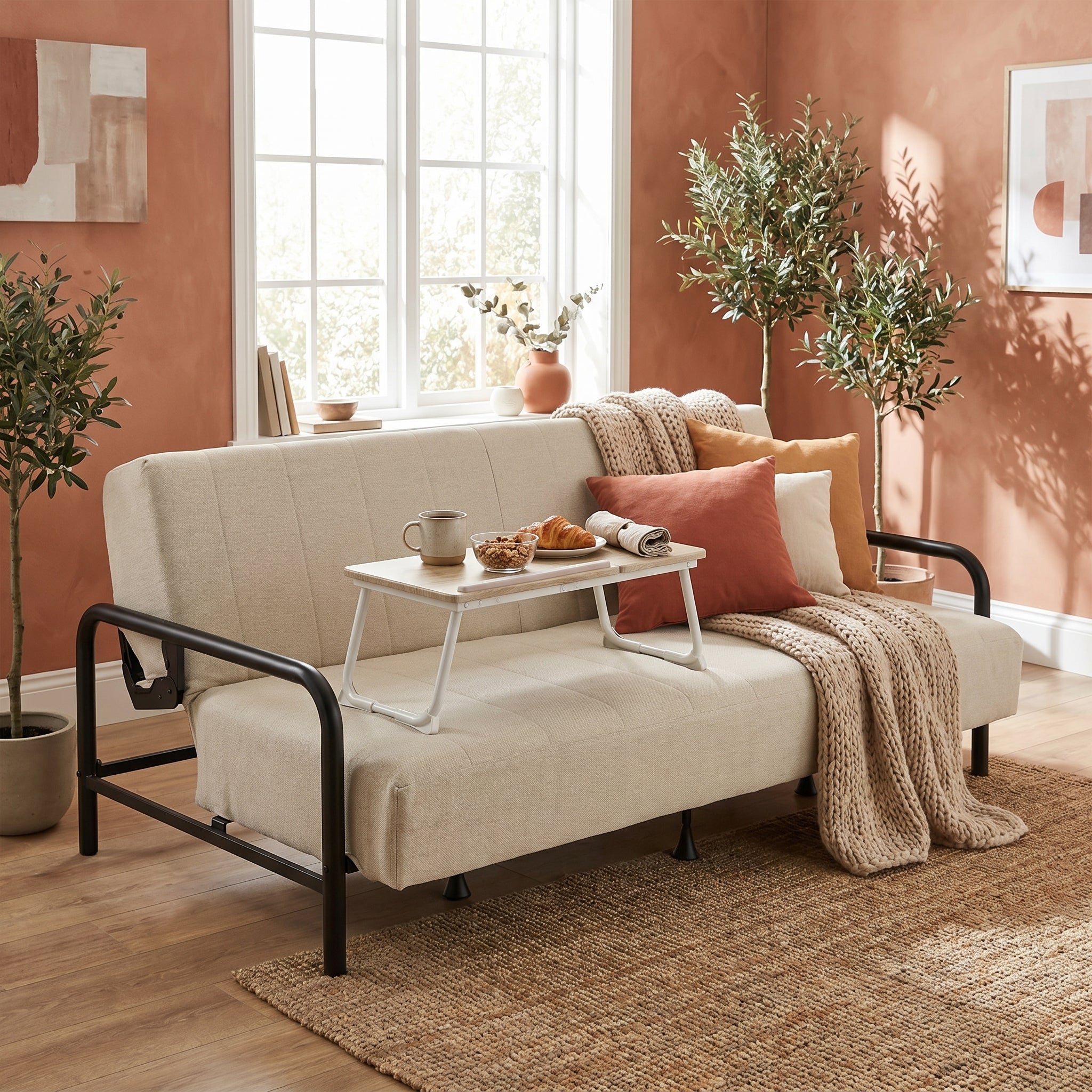 Homy Casa Clicko+Mamie Living Room Furniture Set Beige Sofa Bed with Beech Wood Laptop Table