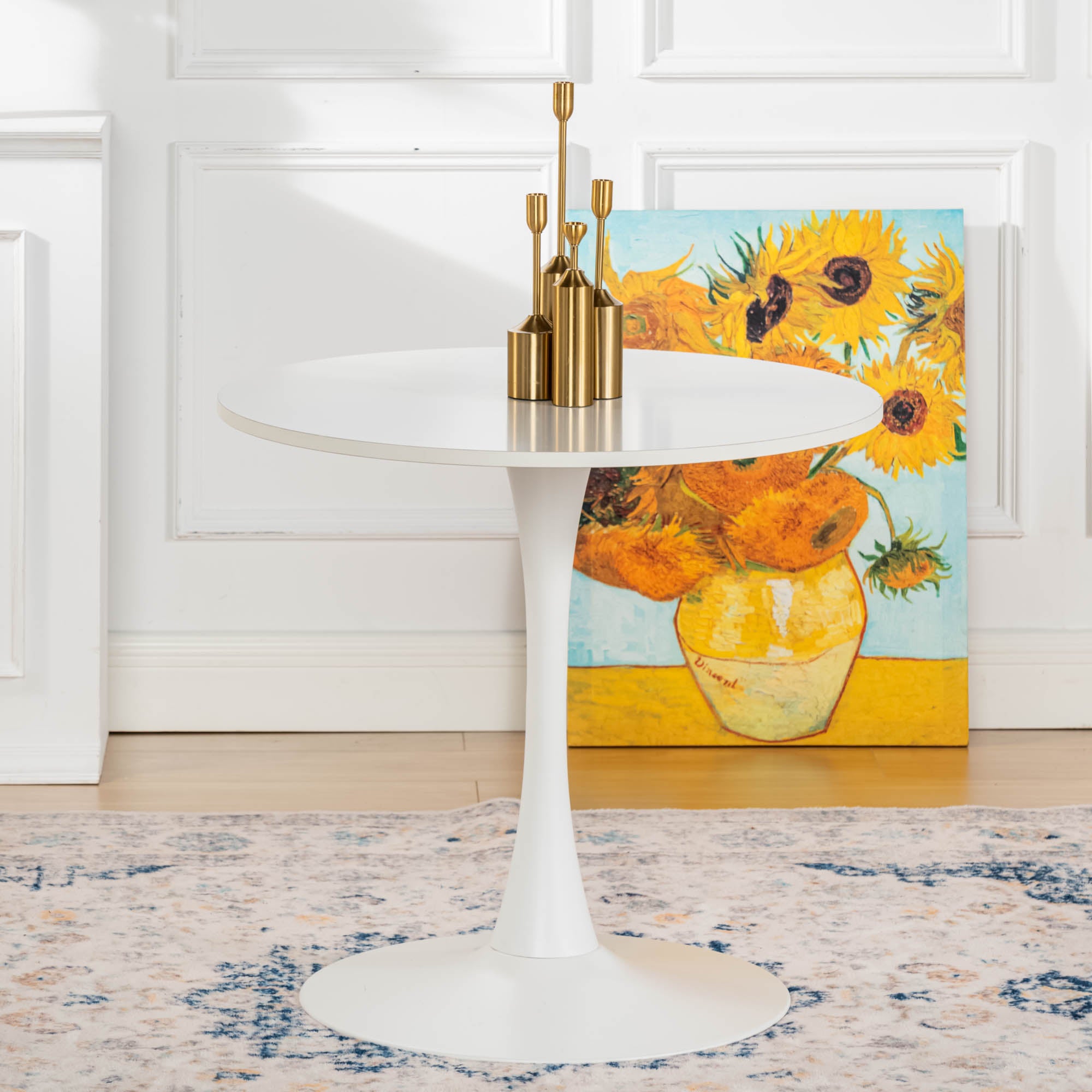 Homy Casa Clift 3PC Dining Set, 31.5” White Round Table with 2 SMEG High Back Upholstered Dining Chair Dark Blue