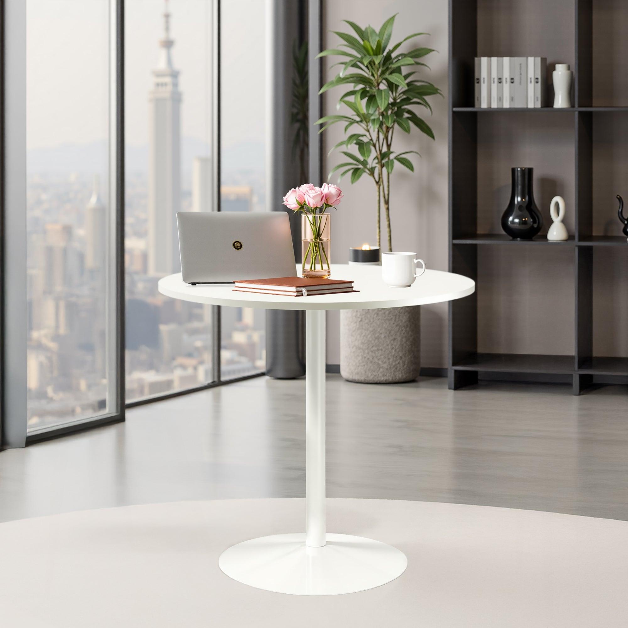 Homy Casa Clift 3PC Dining Set 31.5” White Round Dining Table with 2 Zanka Beige Fabric Upholstered Dining Chairs with Gold-Plated Legs