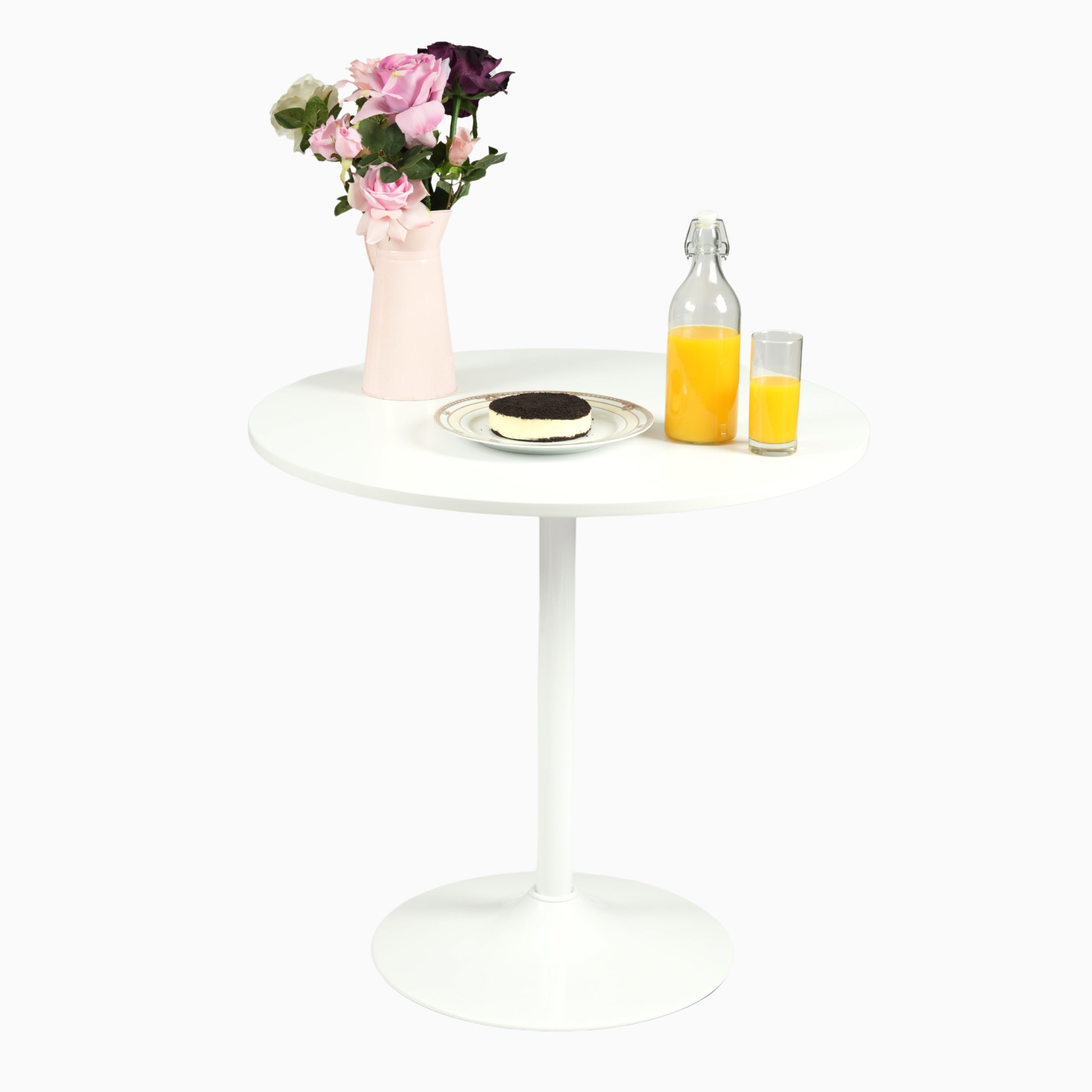 Homy Casa Clift 3PC Dining Set 31.5” White Round Dining Table with 2 Zanka Beige Fabric Upholstered Dining Chairs with Gold-Plated Legs