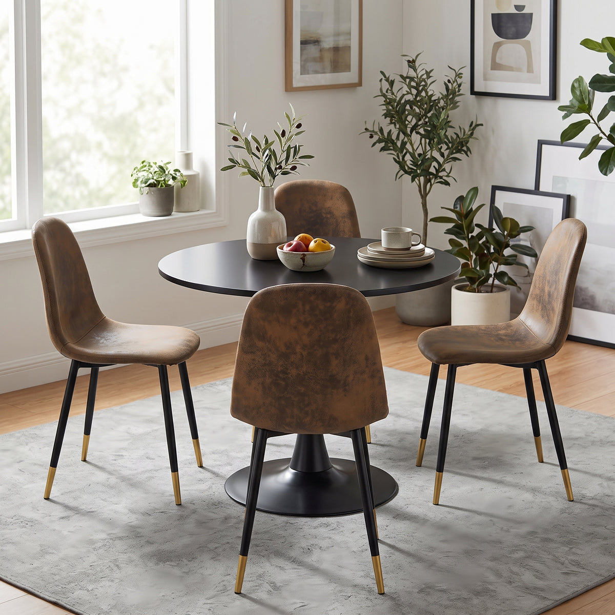 Homy Casa CLIFT+CHARLTON 5-Piece Dining Set 31.5” Black Dining Table with 4 Brown Suede Chairs