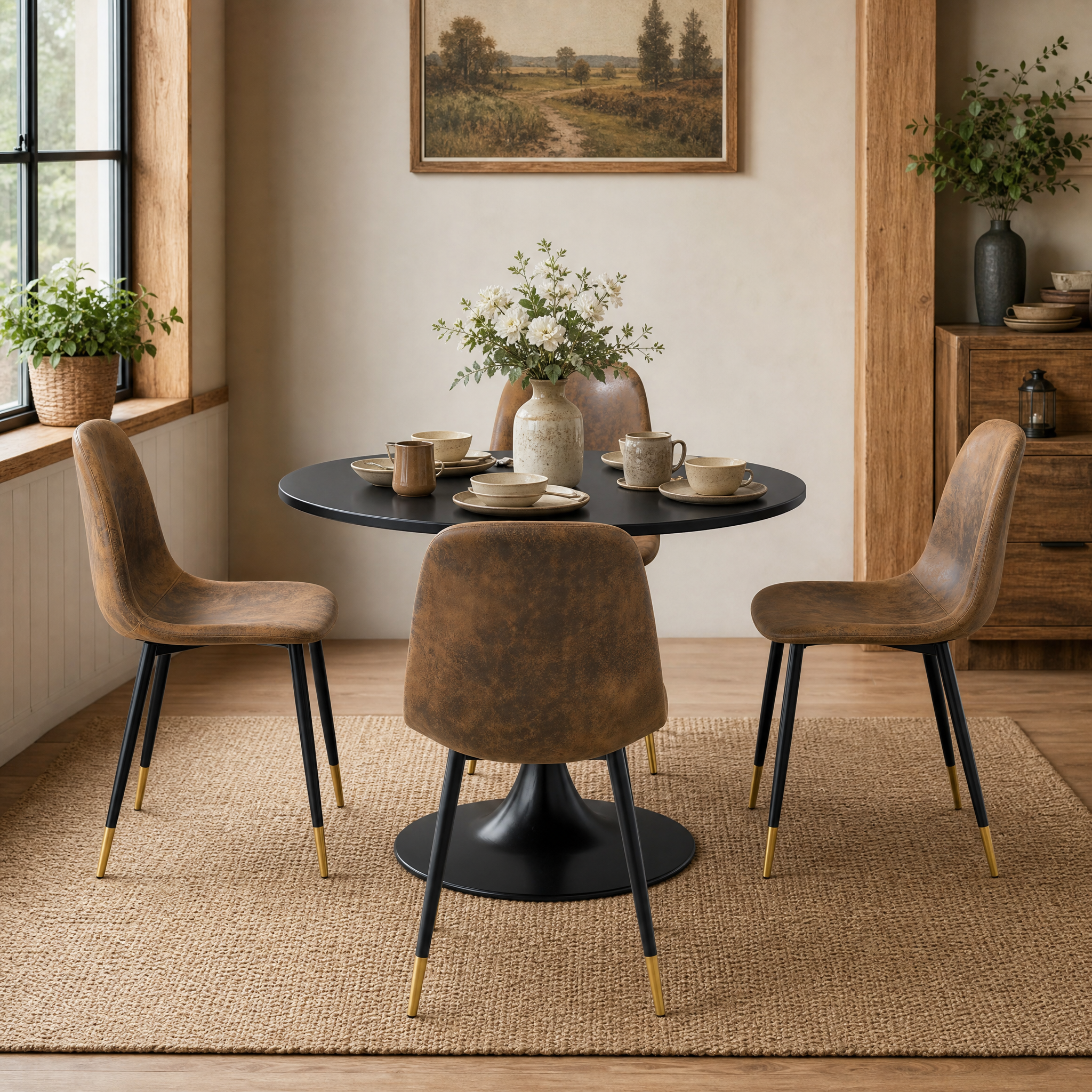 Homy Casa CLIFT+CHARLTON 5-Piece Dining Set 31.5” Black Dining Table with 4 Brown Suede Chairs