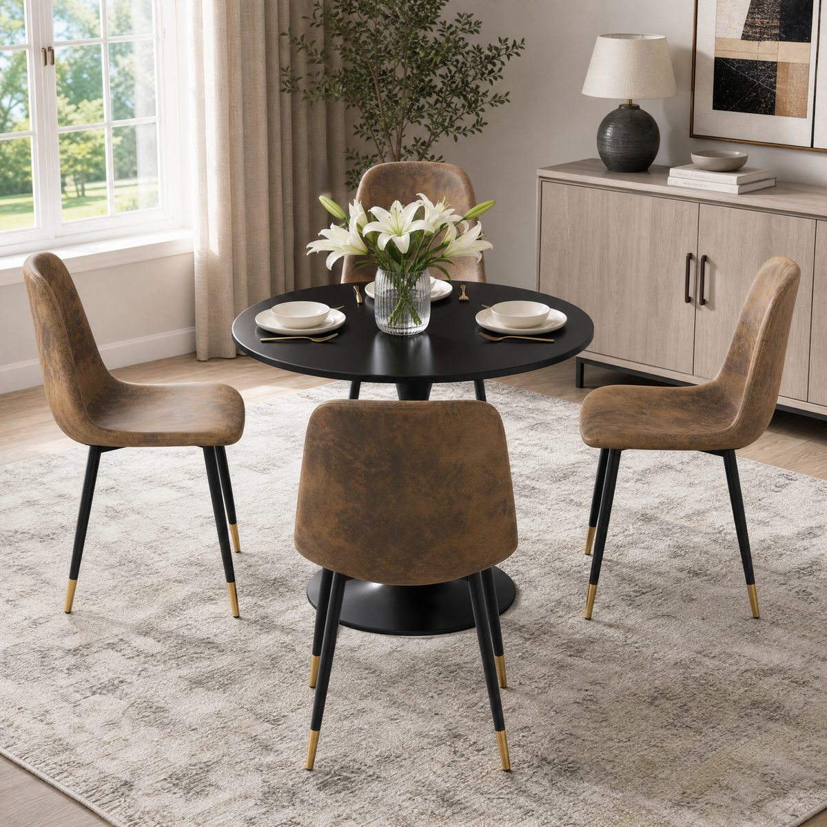 Homy Casa CLIFT+CHARLTON 5-Piece Dining Set 31.5” Black Dining Table with 4 Brown Suede Chairs