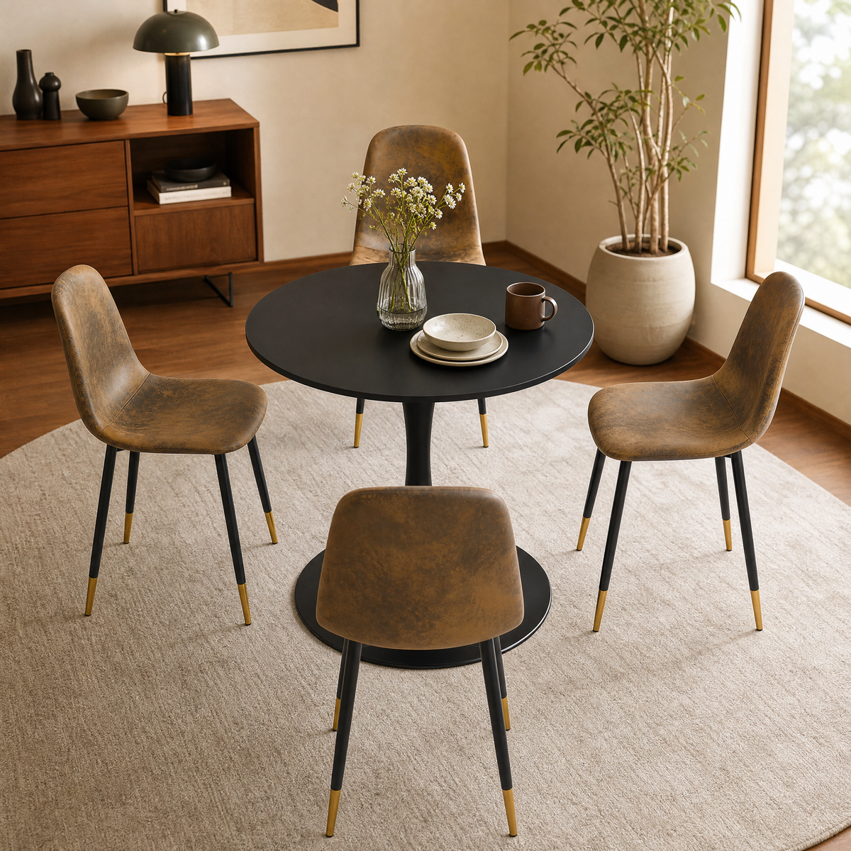 Homy Casa CLIFT+CHARLTON 5-Piece Dining Set 31.5” Black Dining Table with 4 Brown Suede Chairs
