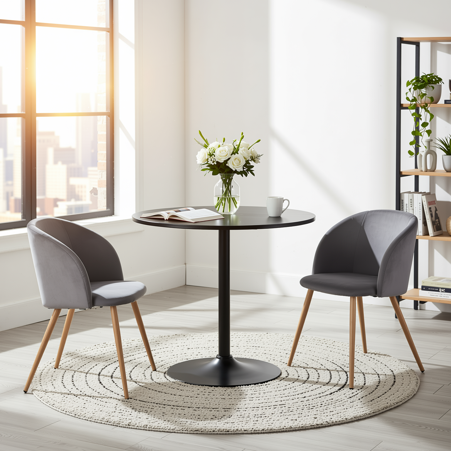 Homy Casa Clift 3PC Dining Set 31.5” Black Round Table with 2 Ynez Grey Chairs
