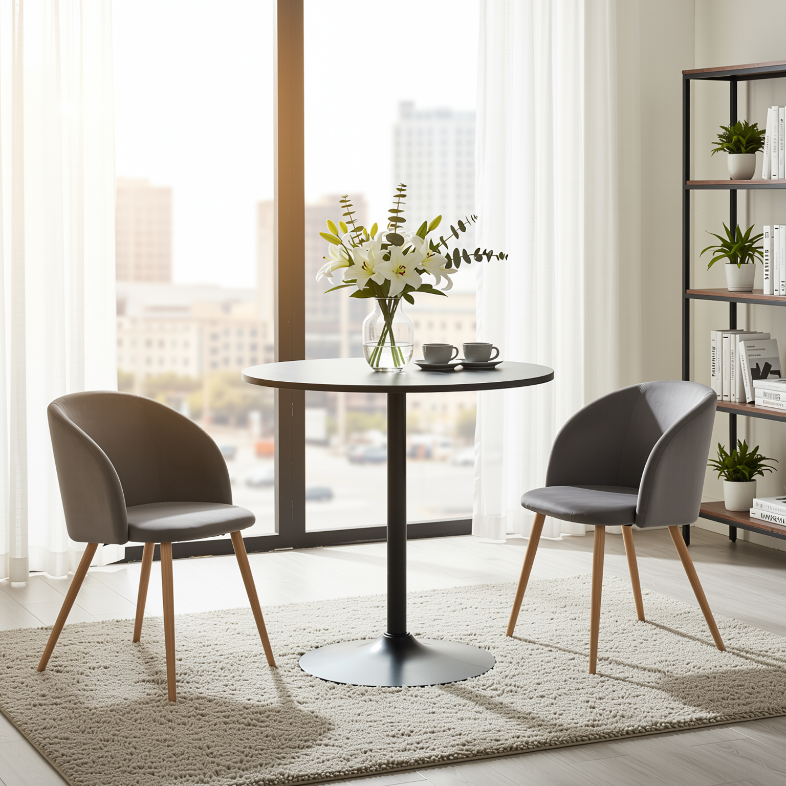 Homy Casa Clift 3PC Dining Set 31.5” Black Round Table with 2 Ynez Grey Chairs