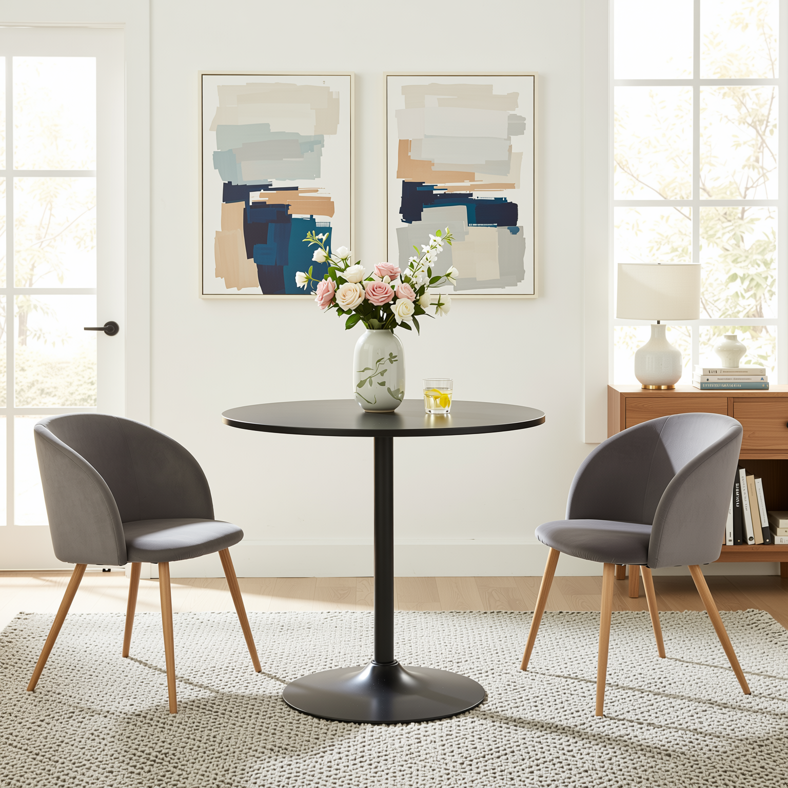 Homy Casa Clift 3PC Dining Set 31.5” Black Round Table with 2 Ynez Grey Chairs