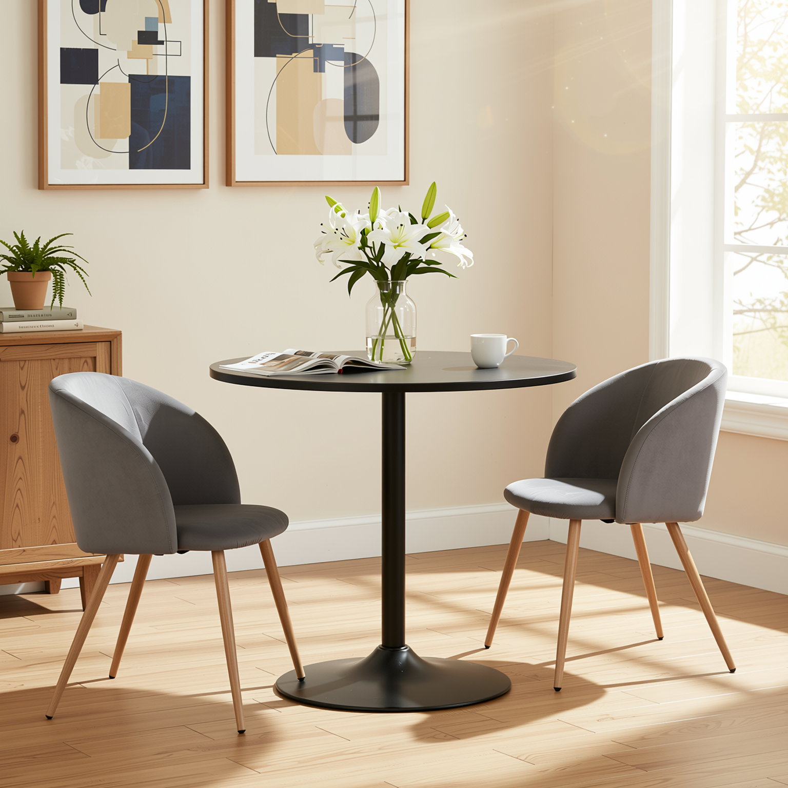 Homy Casa Clift 3PC Dining Set 31.5” Black Round Table with 2 Ynez Grey Chairs
