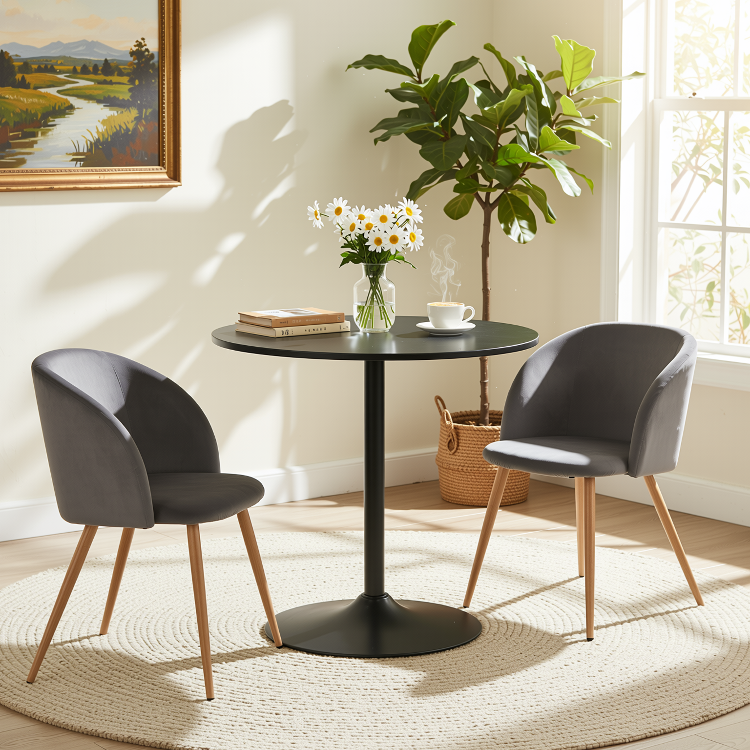 Homy Casa Clift 3PC Dining Set 31.5” Black Round Table with 2 Ynez Grey Chairs