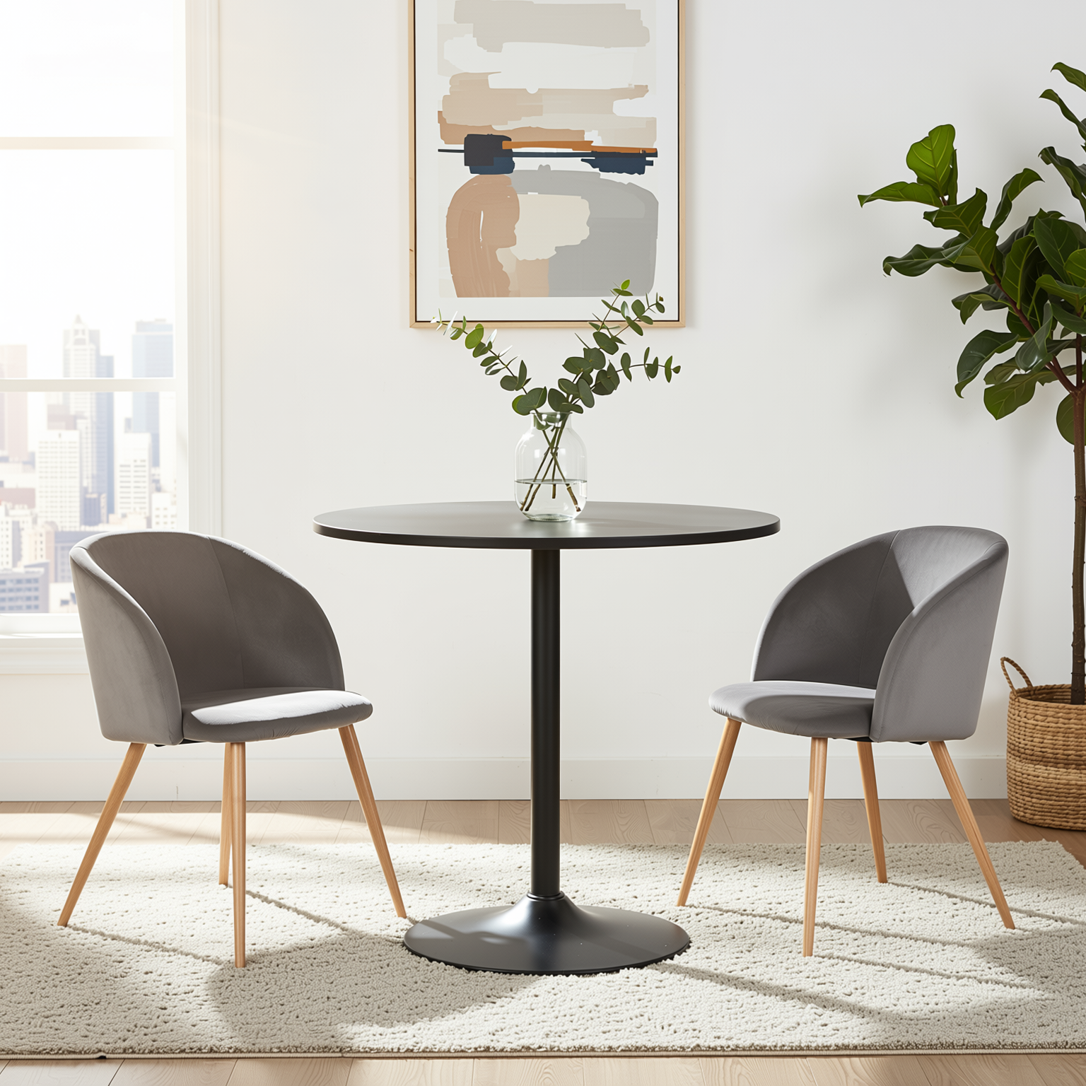 Homy Casa Clift 3PC Dining Set 31.5” Black Round Table with 2 Ynez Grey Chairs
