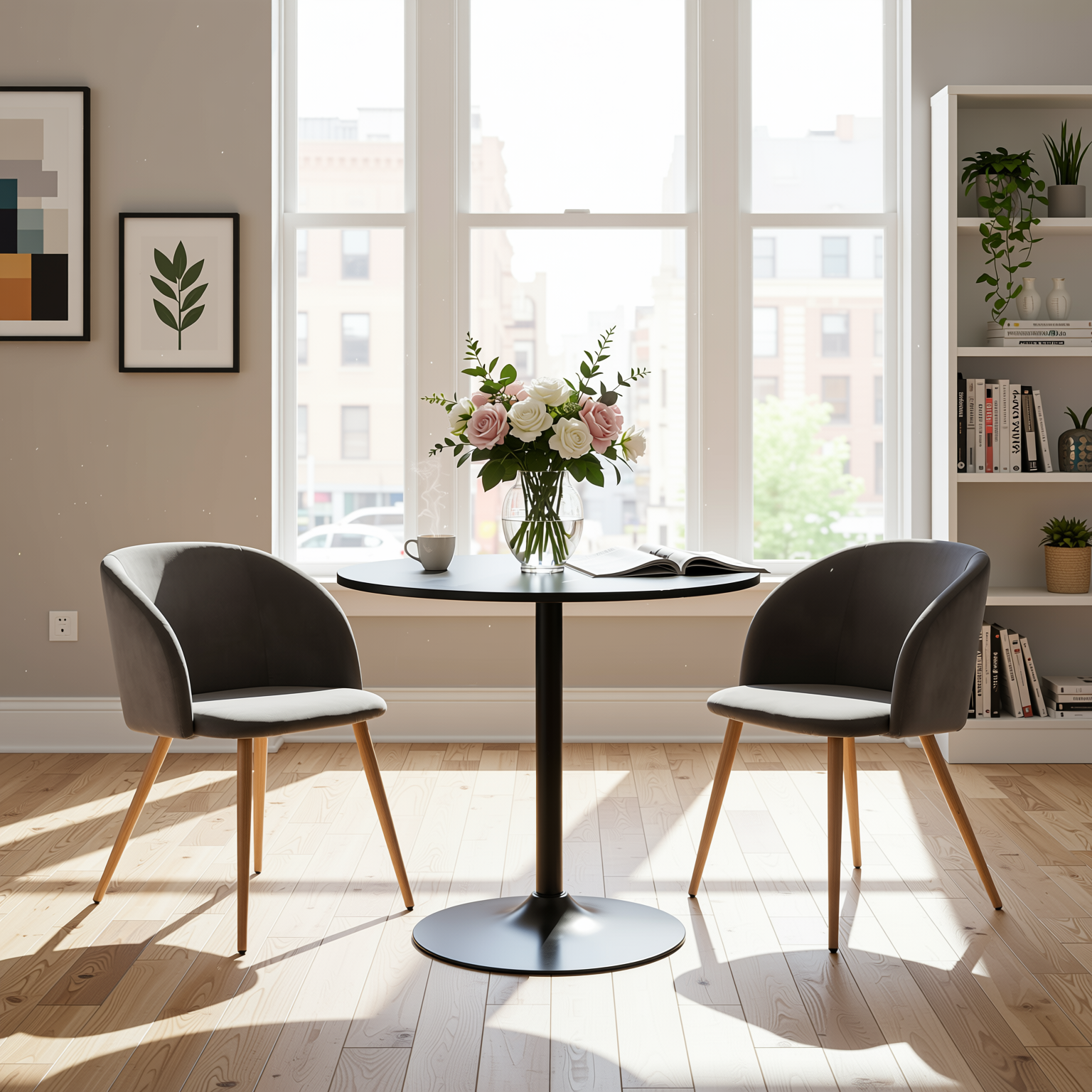 Homy Casa Clift 3PC Dining Set 31.5” Black Round Table with 2 Ynez Grey Chairs