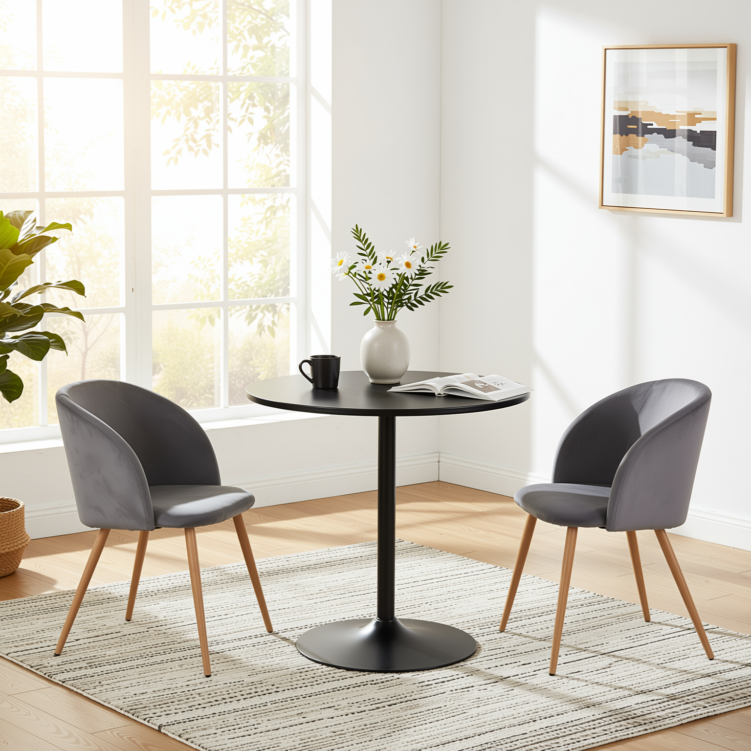 Homy Casa Clift 3PC Dining Set 31.5” Black Round Table with 2 Ynez Grey Chairs
