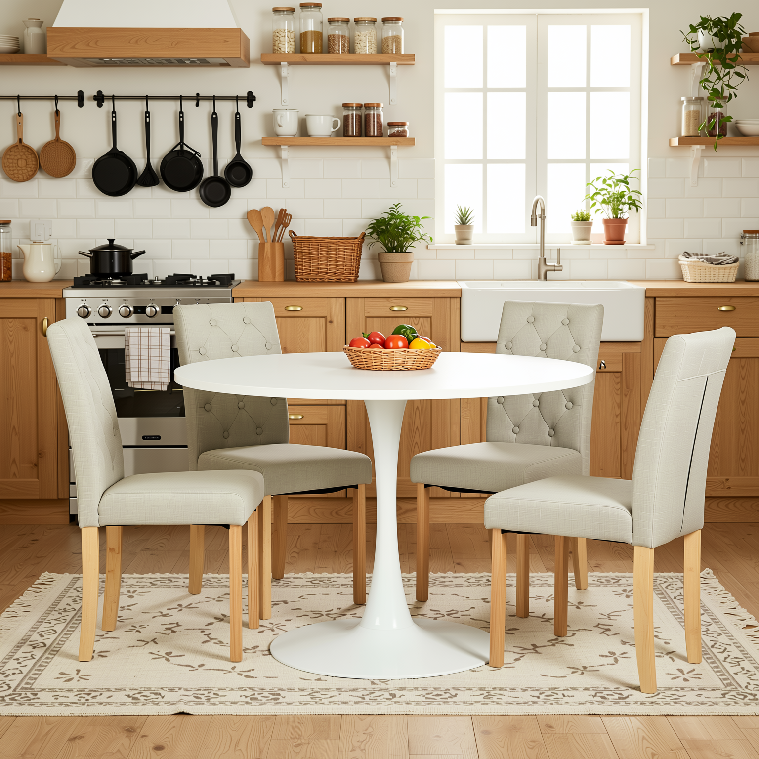 Homy Casa Clift 5PC Dining Table Set 31.5” White Table with 4 Douro Upholstered Grey Chairs