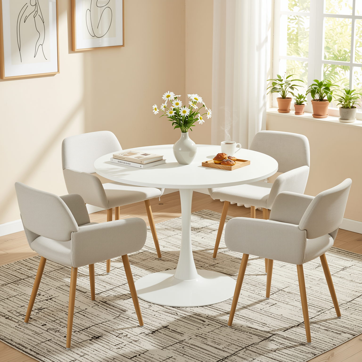 Homy Casa Clift 5PC Dining Set 39.4” Square White Table with 4 Mayfair Beige Upholstered Chairs, Light Wood Look Legs