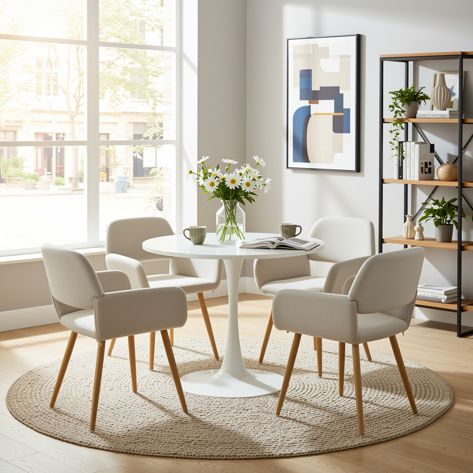 Homy Casa Clift 5PC Dining Set 39.4” Square White Table with 4 Mayfair Beige Upholstered Chairs, Light Wood Look Legs