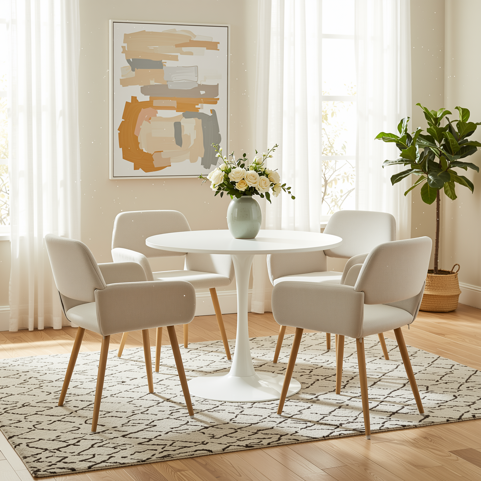 Homy Casa Clift 5PC Dining Set 39.4” Square White Table with 4 Mayfair Beige Upholstered Chairs, Light Wood Look Legs
