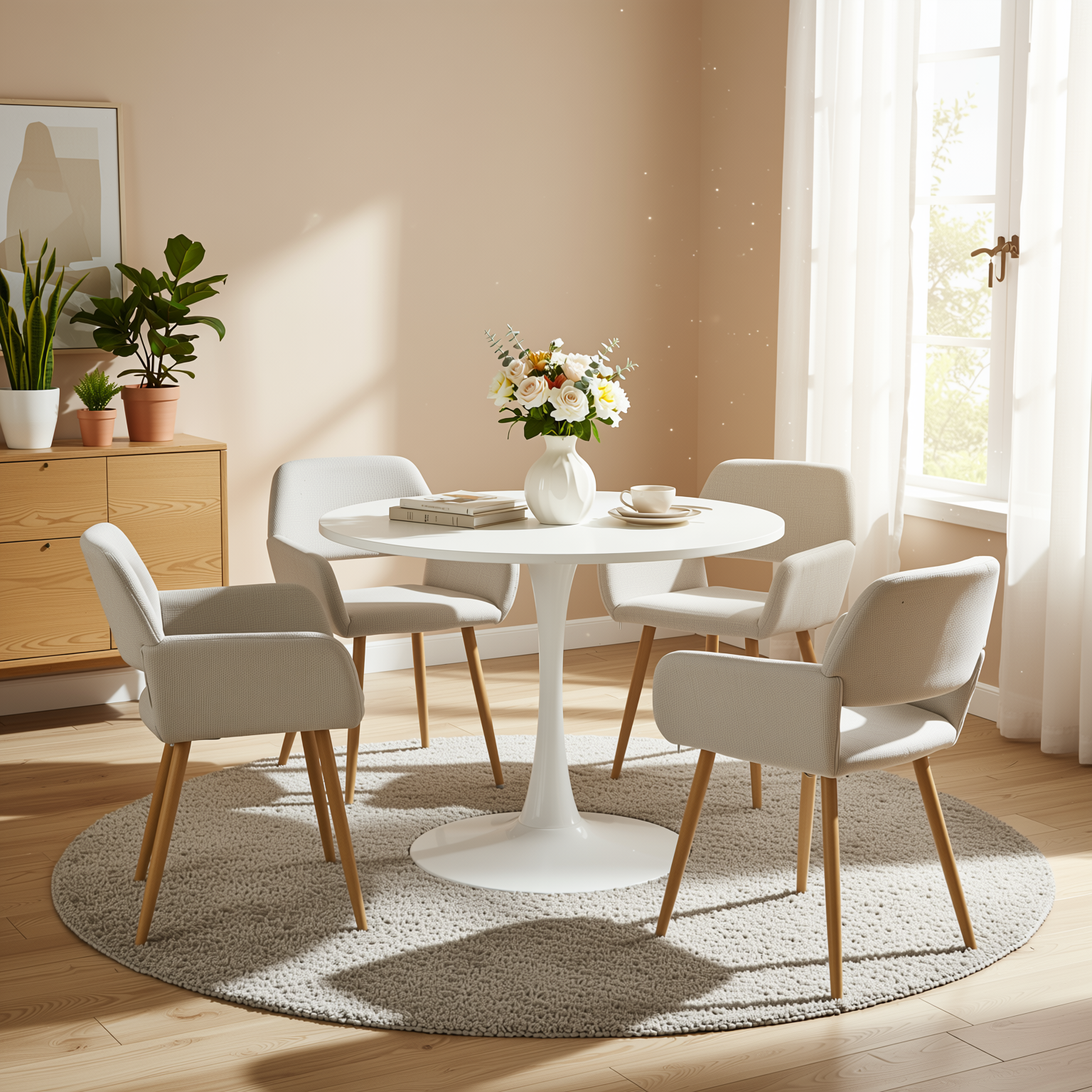 Homy Casa Clift 5PC Dining Set 39.4” Square White Table with 4 Mayfair Beige Upholstered Chairs, Light Wood Look Legs