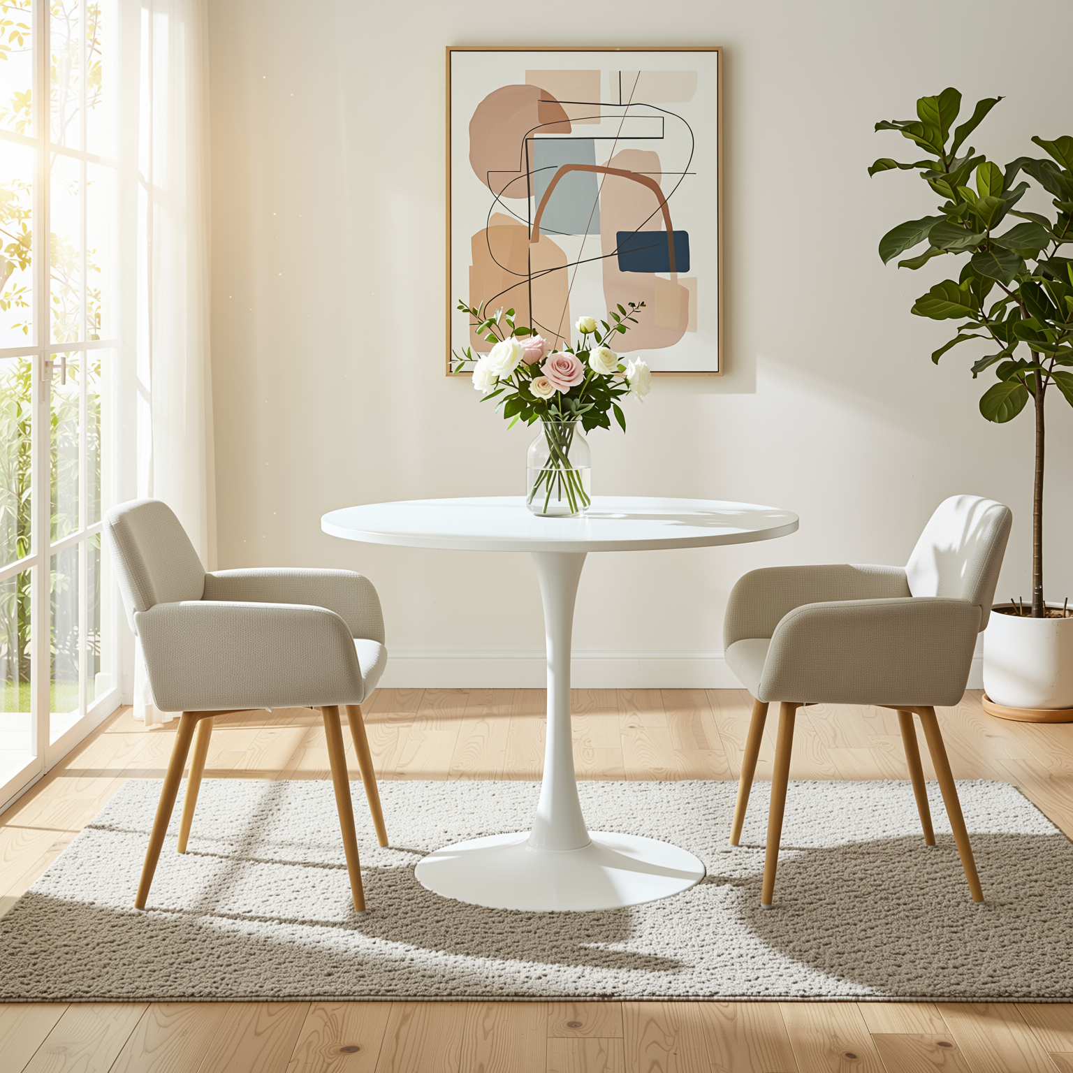 Homy Casa Clift 3PC Dining Set 39.4” Square White Table with 2 Mayfair Beige Upholstered Chairs, Light Wood Look Legs