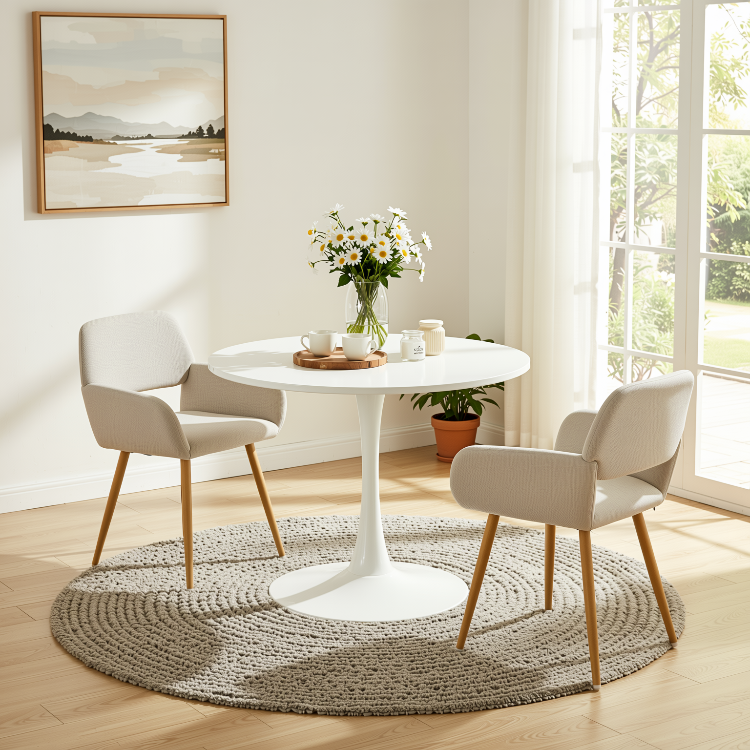 Homy Casa Clift 3PC Dining Set 39.4” Square White Table with 2 Mayfair Beige Upholstered Chairs, Light Wood Look Legs
