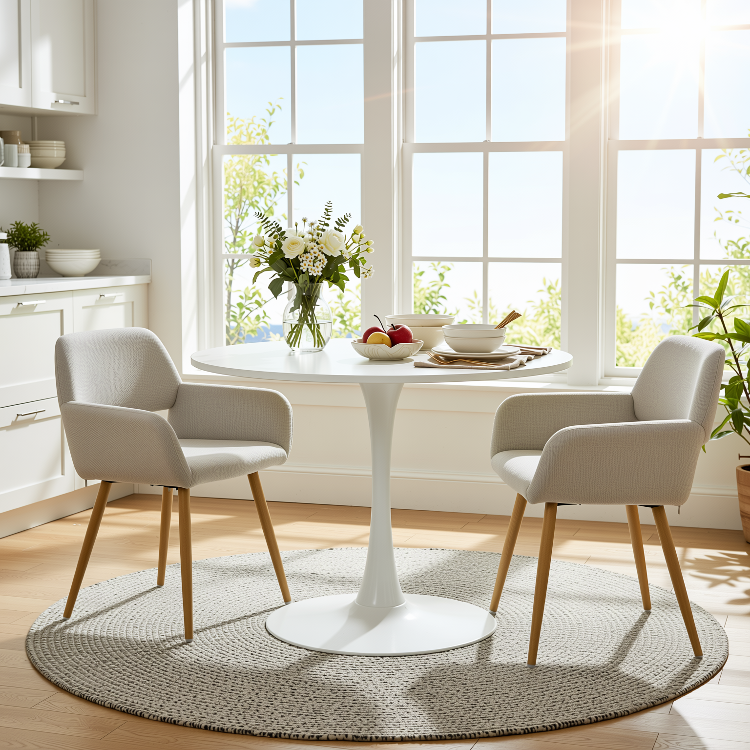 Homy Casa Clift 3PC Dining Set 39.4” Square White Table with 2 Mayfair Beige Upholstered Chairs, Light Wood Look Legs