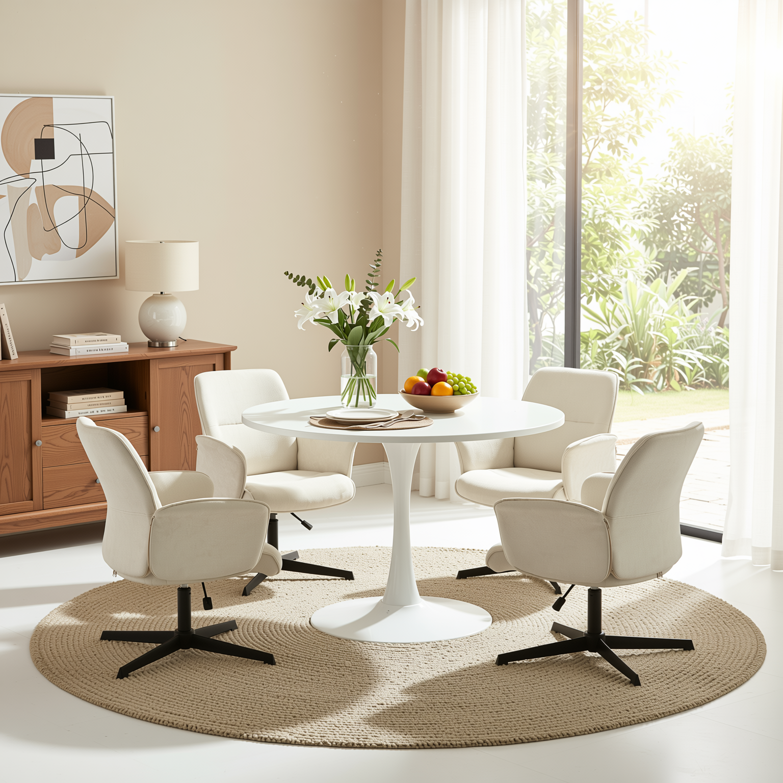 Homy Casa Clift 5PC Dining Set 39.4” Square White Table with 4 Thomasina Beige Chenille Swivel Chairs