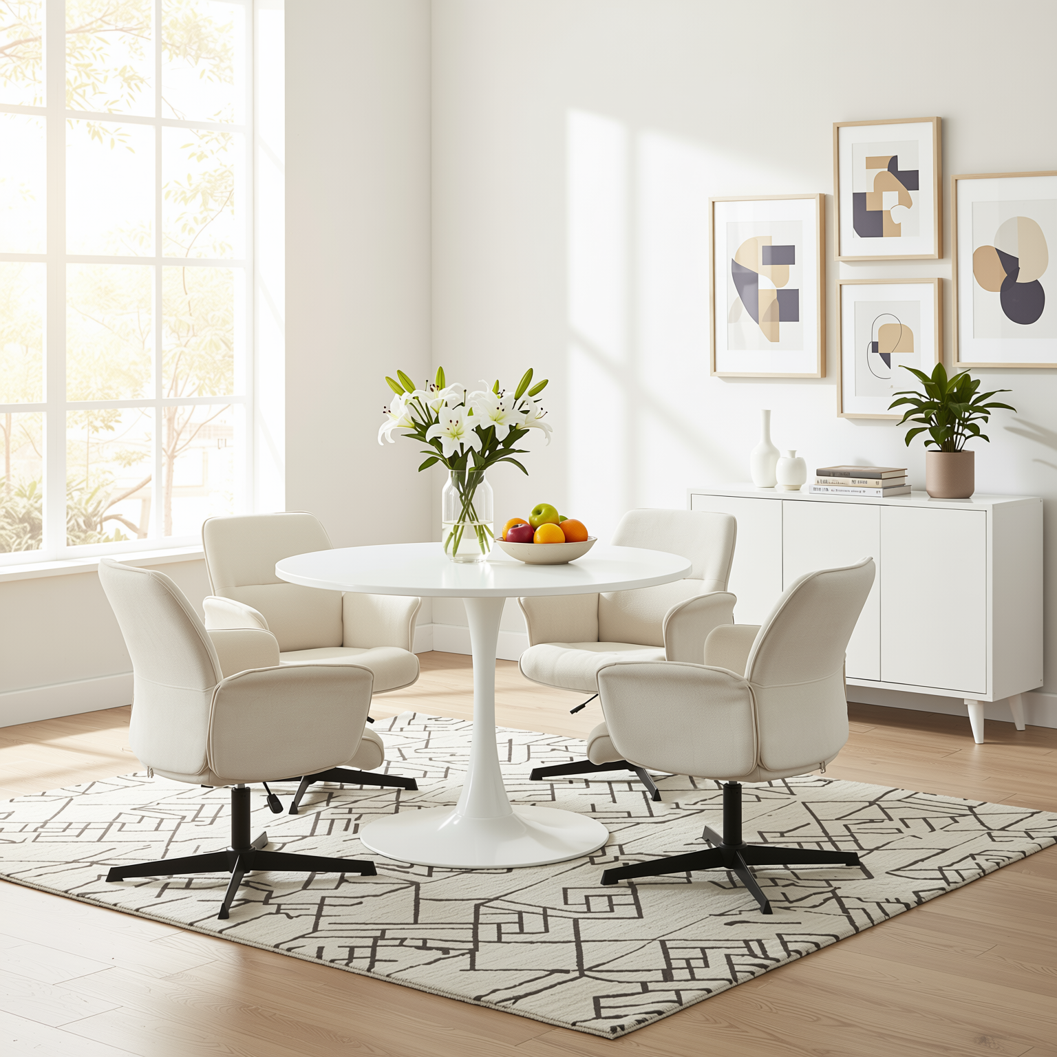 Homy Casa Clift 5PC Dining Set 39.4” Square White Table with 4 Thomasina Beige Chenille Swivel Chairs