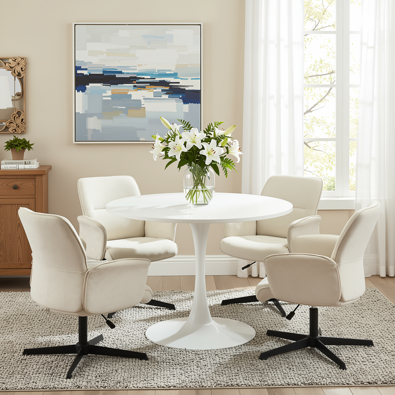Homy Casa Clift 5PC Dining Set 39.4” Square White Table with 4 Thomasina Beige Chenille Swivel Chairs