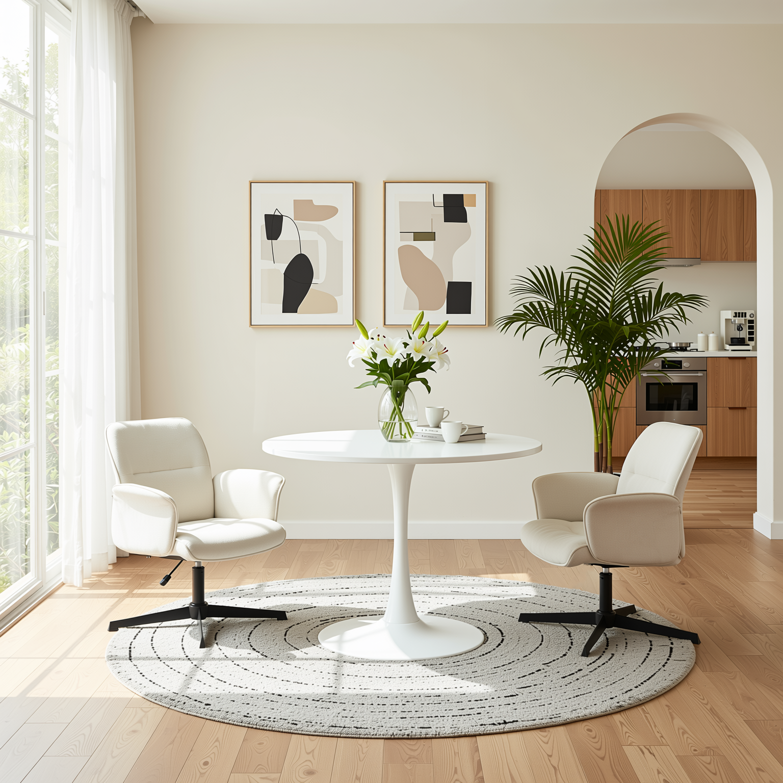 Homy Casa Clift 3PC Dining Set 39.4” Square Table with 2 Thomasina Beige Chenille Swivel Chairs in White