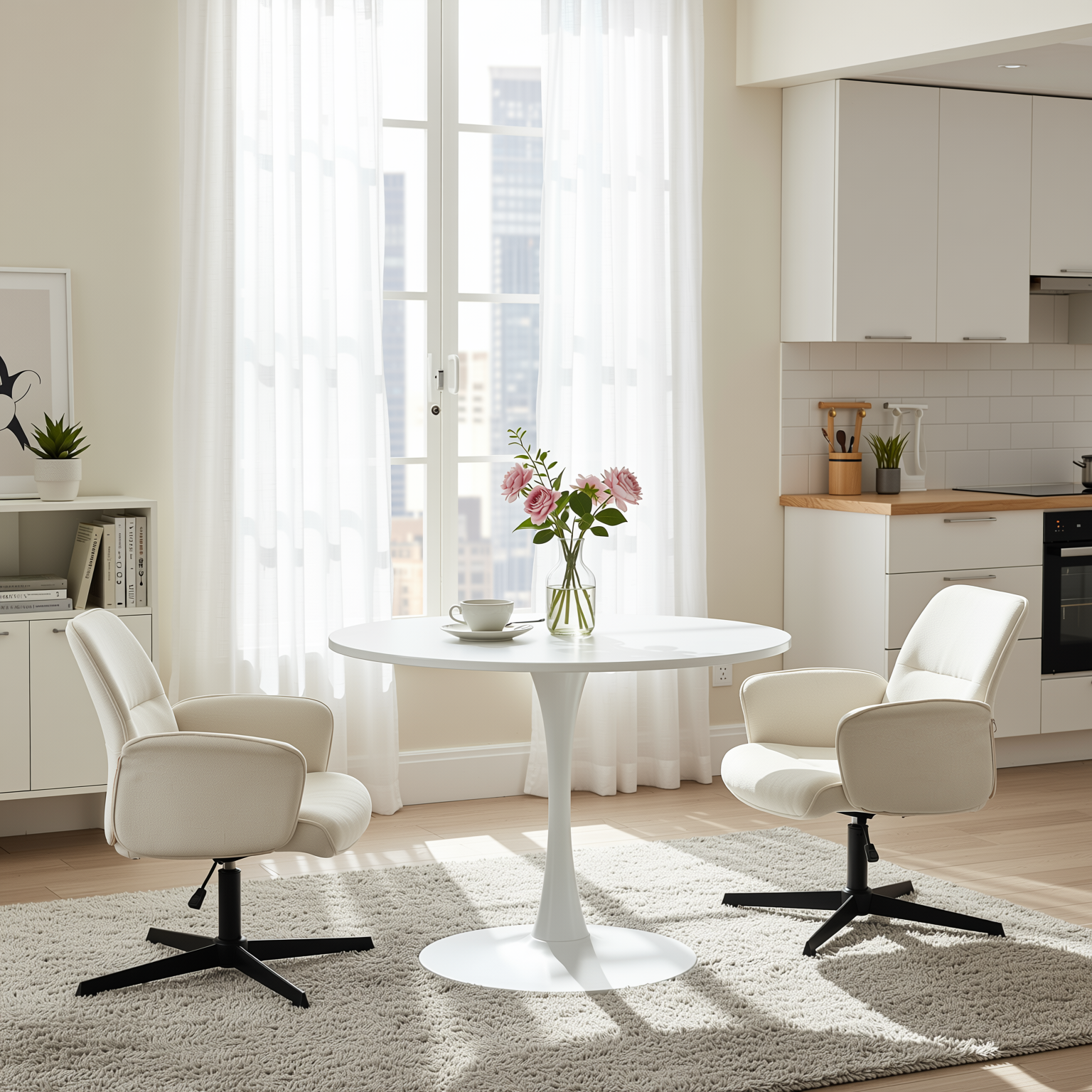 Homy Casa Clift 3PC Dining Set 39.4” Square Table with 2 Thomasina Beige Chenille Swivel Chairs in White