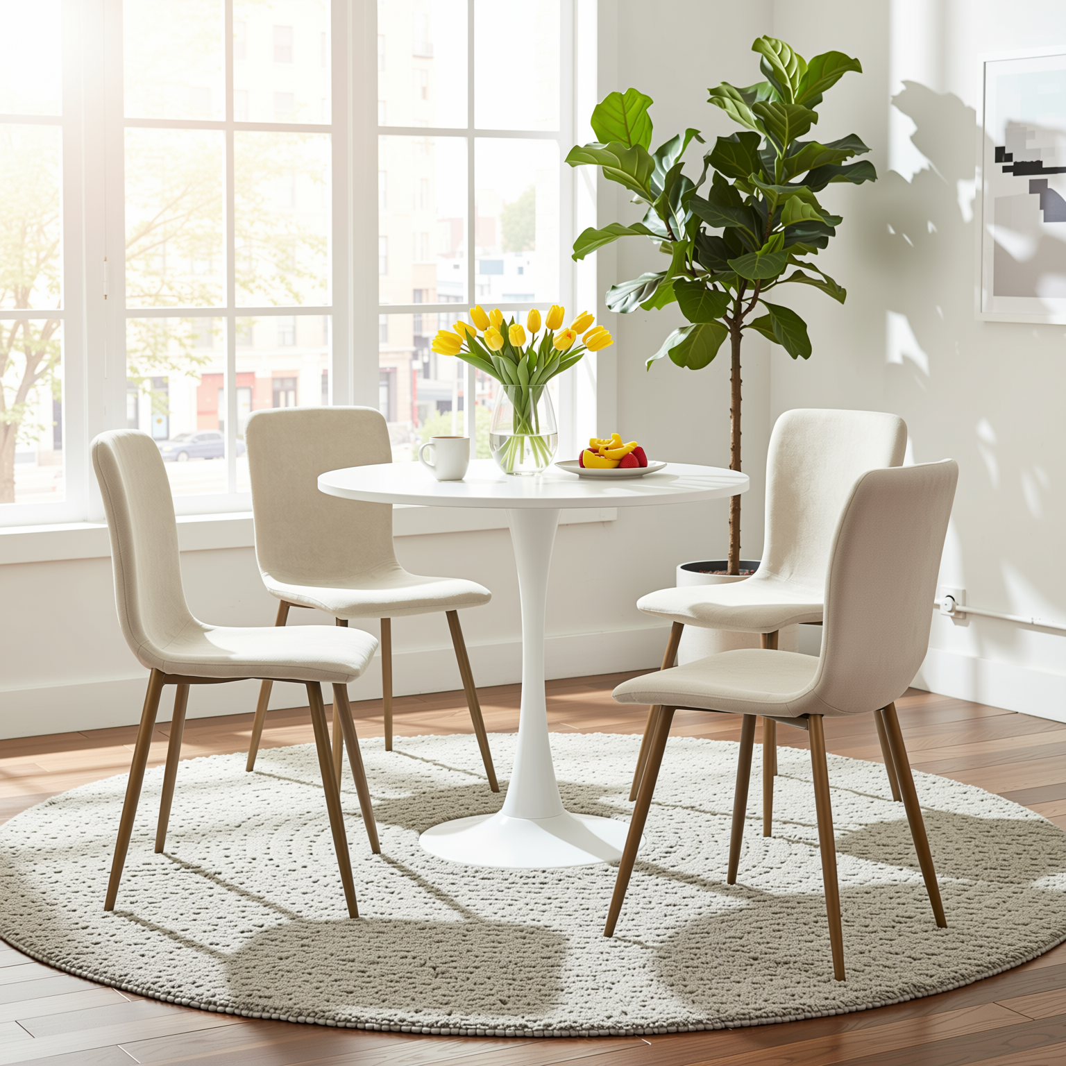 Homy Casa CLIFT+SCARGILL 5PC Dining Set Round White Table with 4 Beige Upholstered Chairs Open Box
