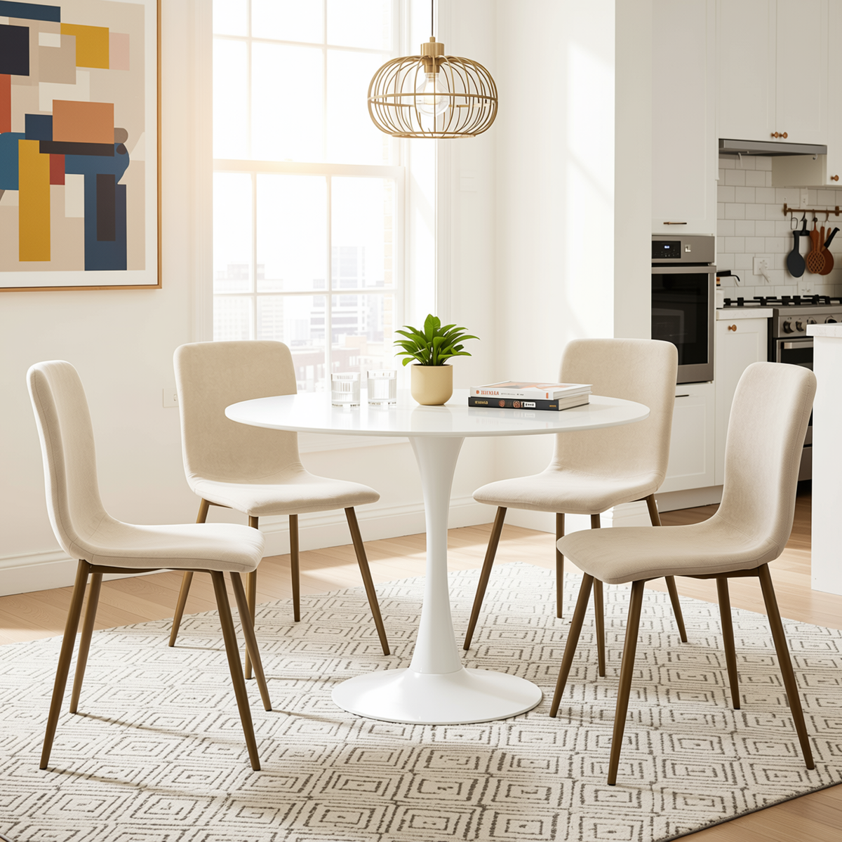 Homy Casa CLIFT+SCARGILL 5PC Dining Set Round White Table with 4 Beige Upholstered Chairs Open Box