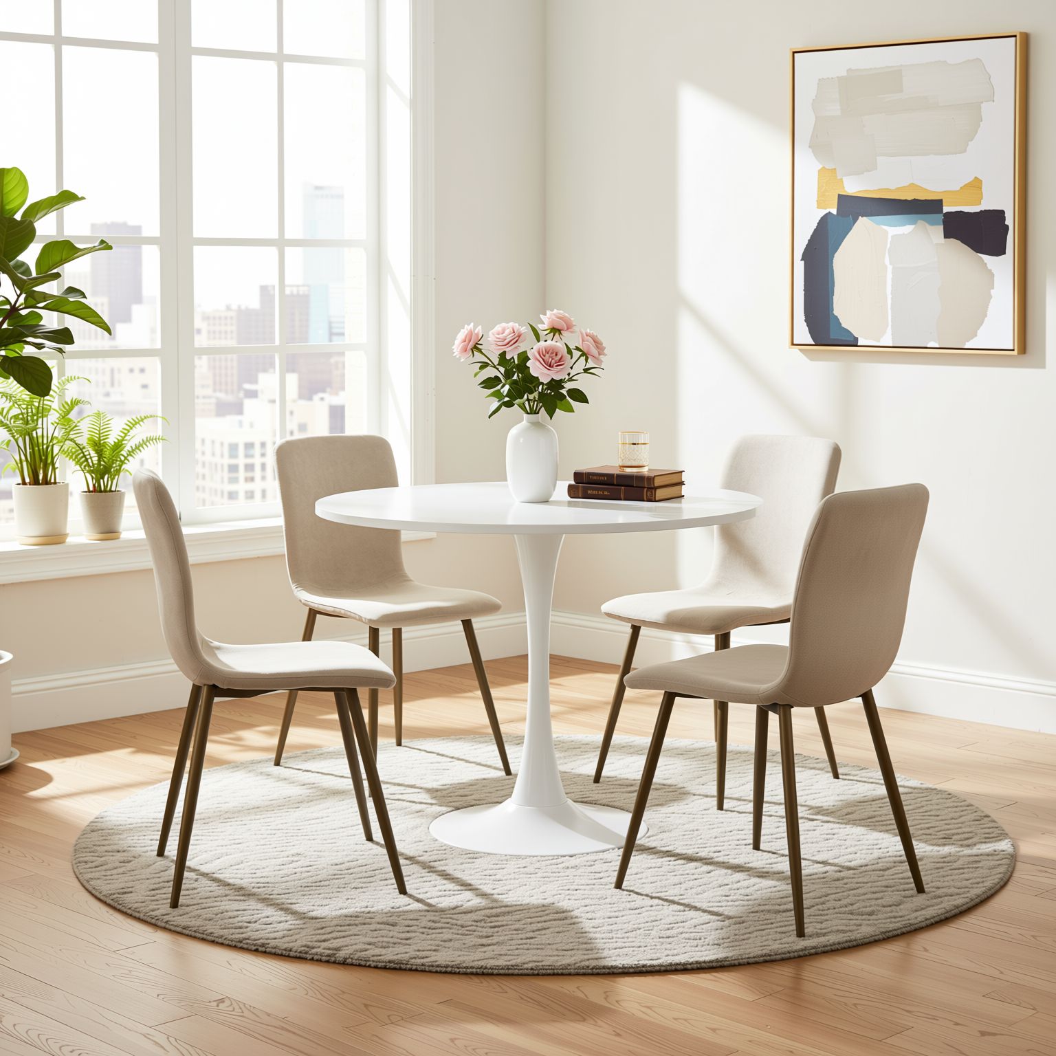 Homy Casa CLIFT+SCARGILL 5PC Dining Set Round White Table with 4 Beige Upholstered Chairs Open Box