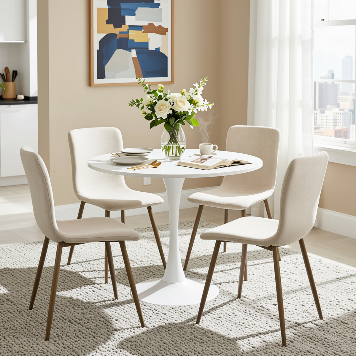Homy Casa CLIFT+SCARGILL 5PC Dining Set Round White Table with 4 Beige Upholstered Chairs Open Box